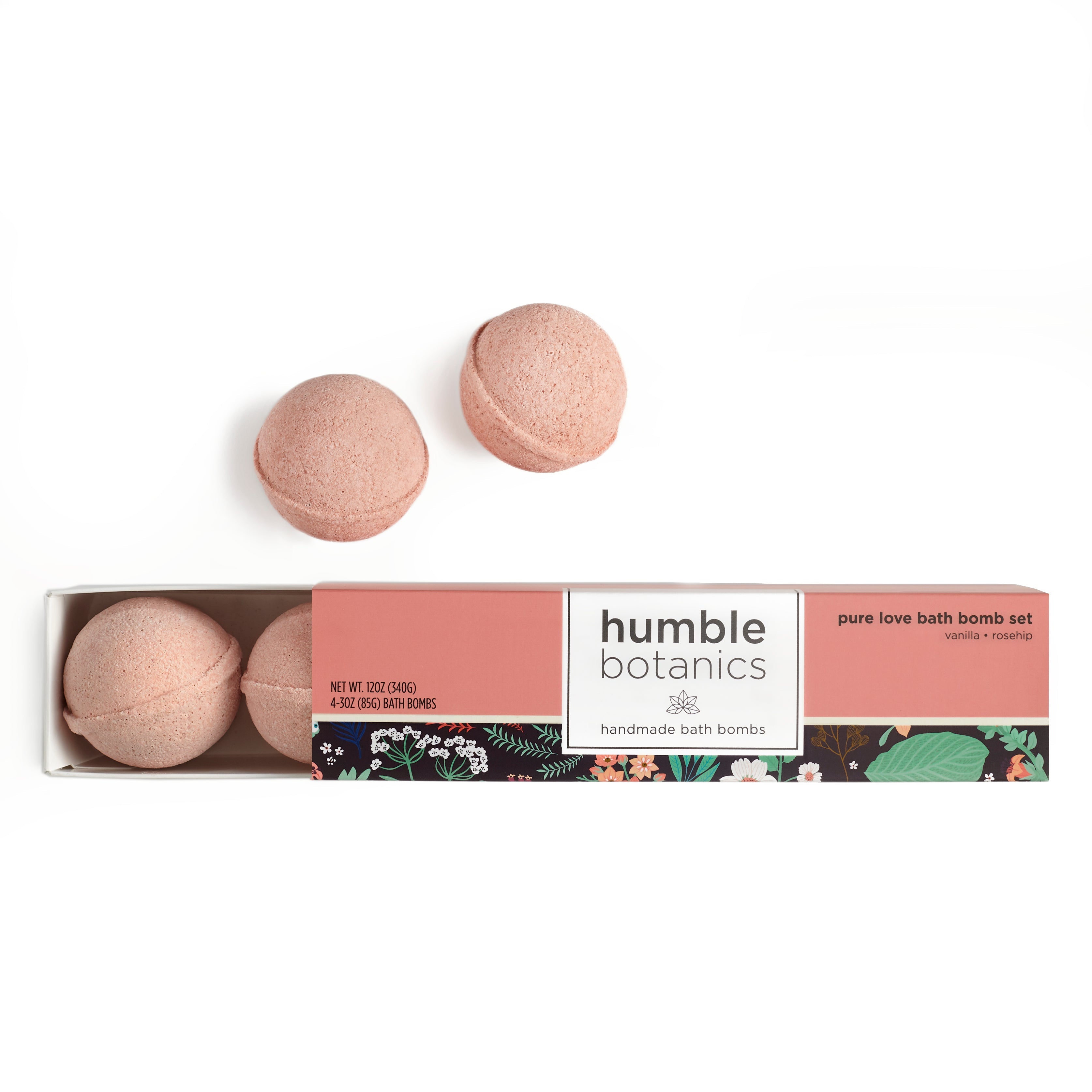 Box of humble botanics bath bombs on a white background