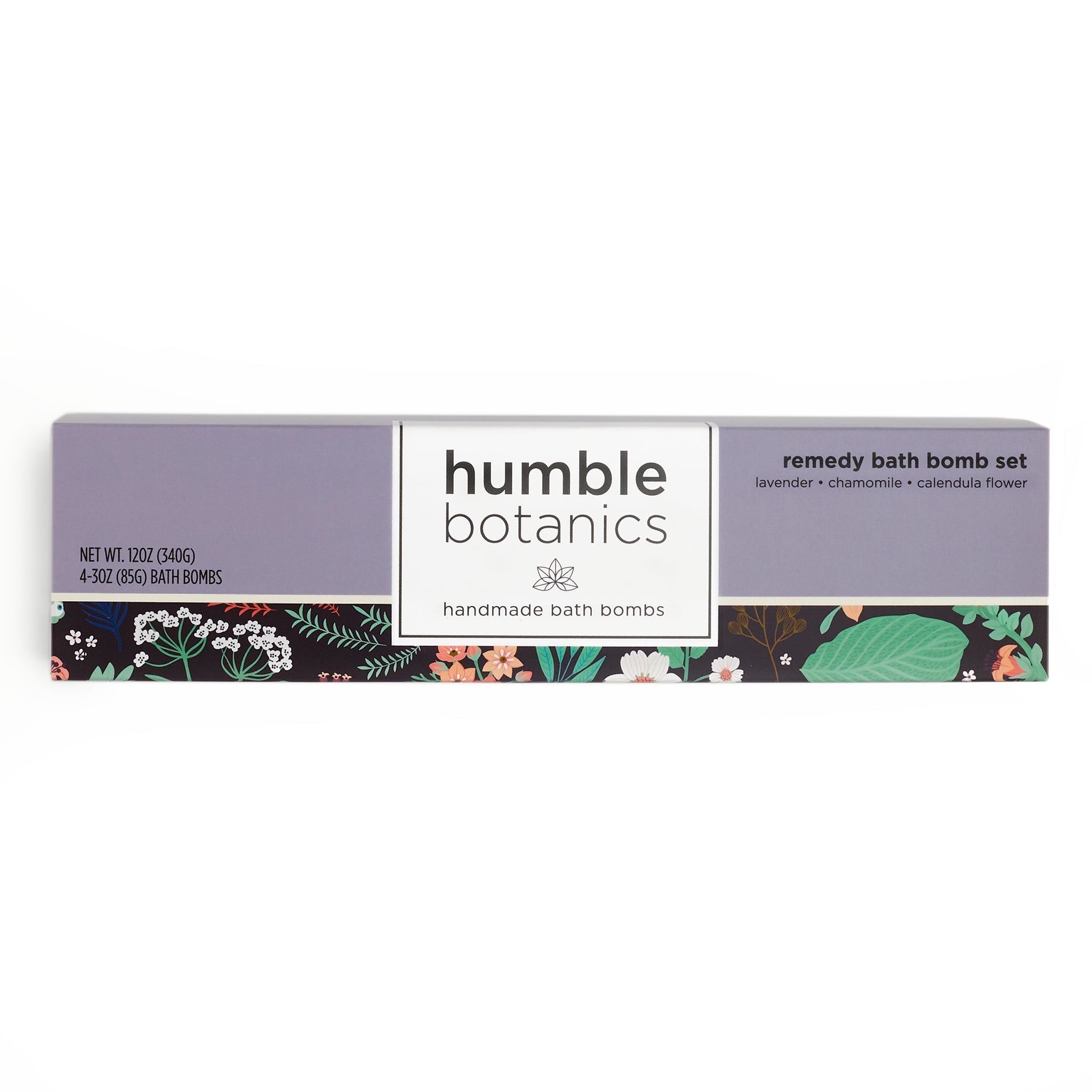 Box of humble botanics remedy bath bomb set on a white background