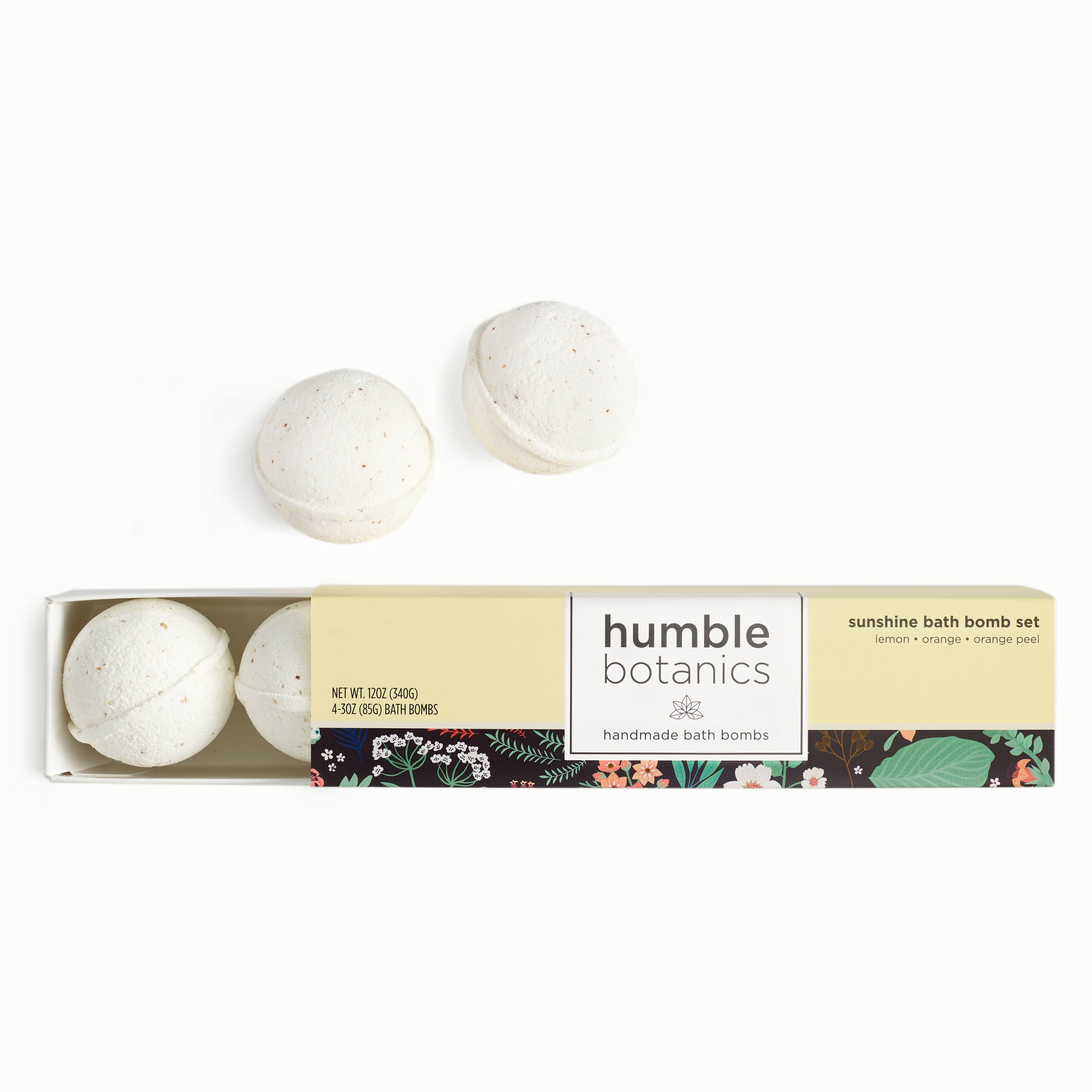 Humble Botanics bath bomb set with packaging on a white background
