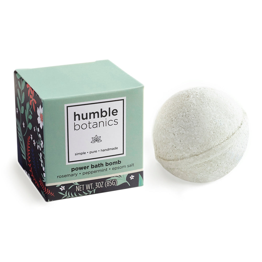 Humble Botanics power bath bomb with packaging on a white background