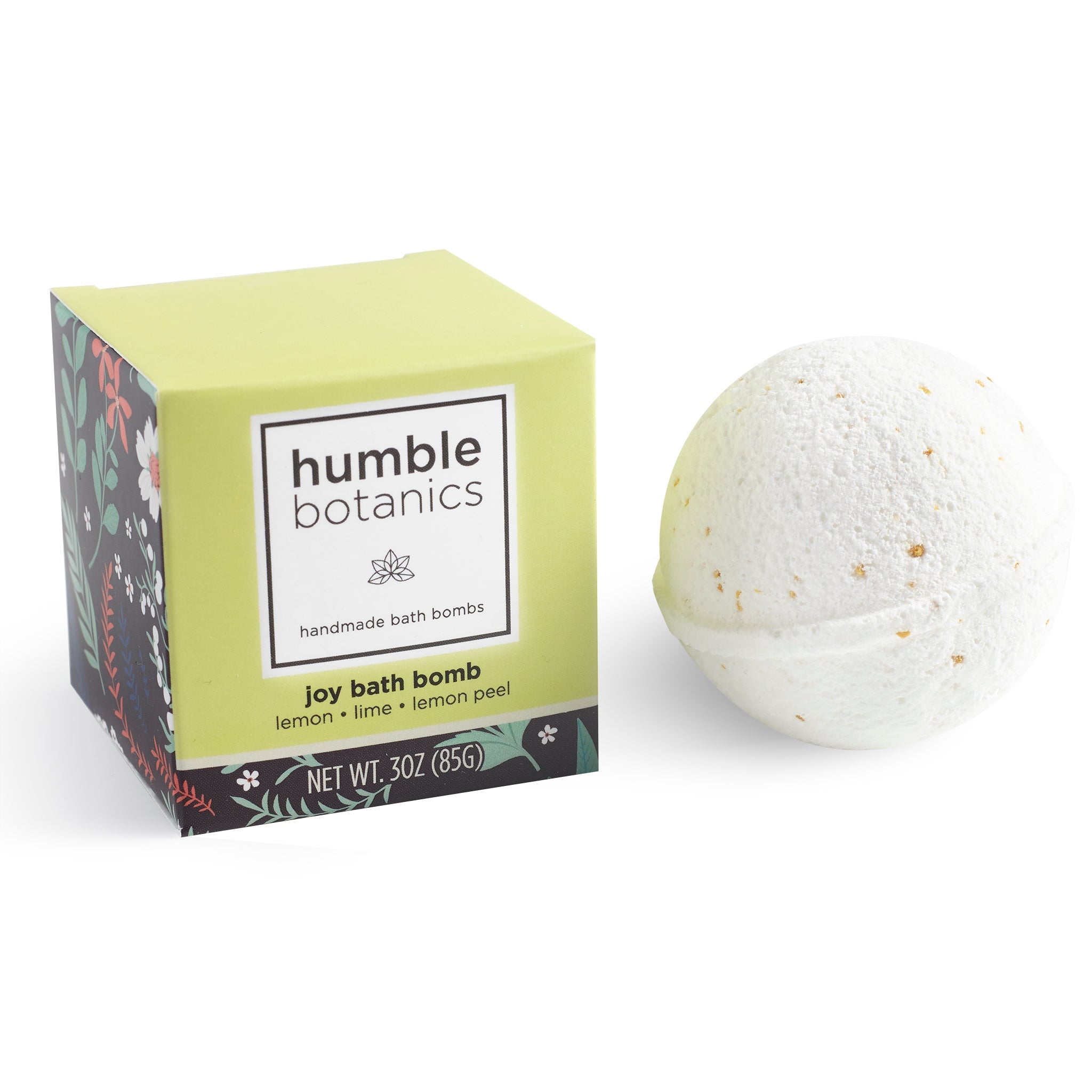 humble botanics bath bomb packaging with a white bath bomb on a white background