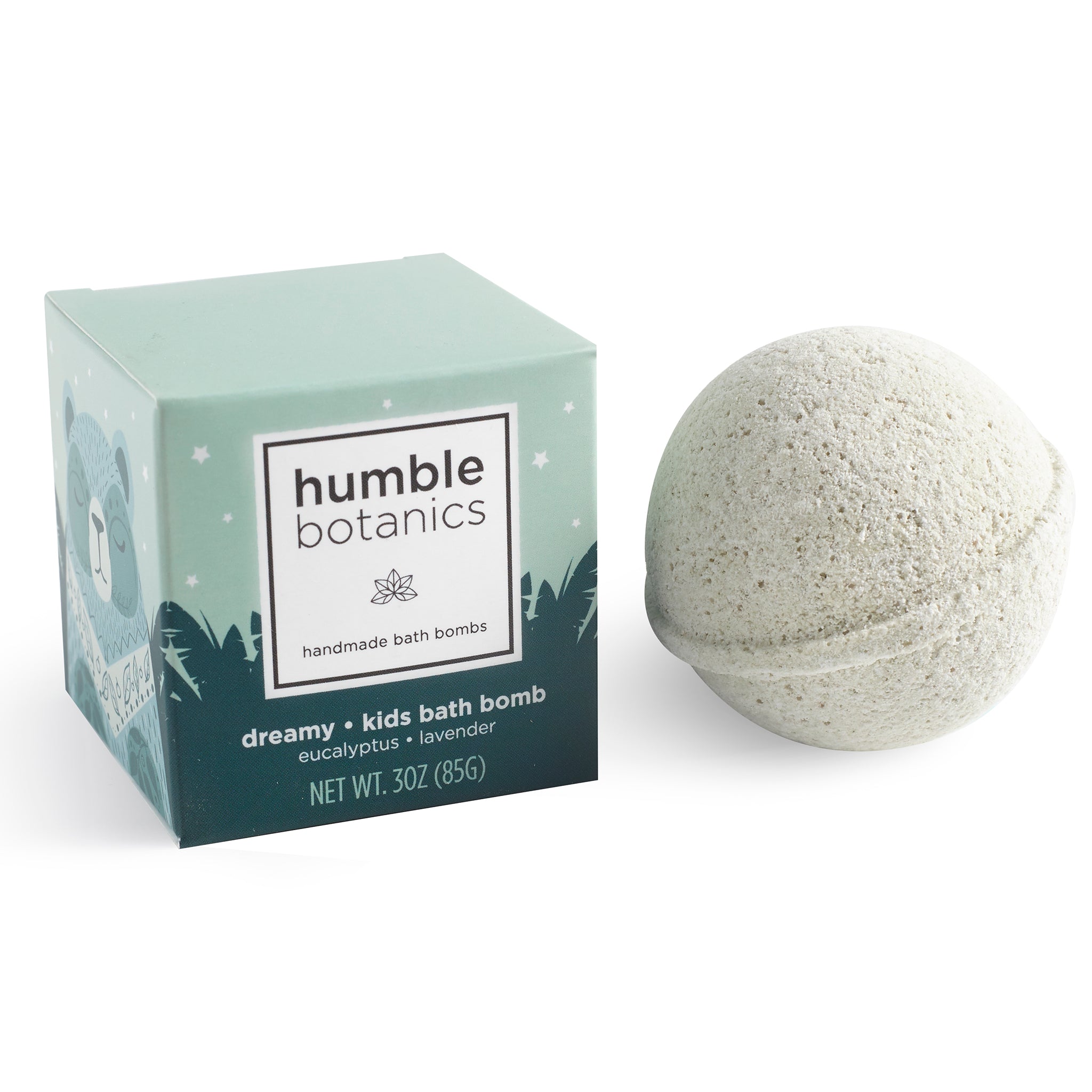 Humble Botanics bath bomb and packaging on a white background