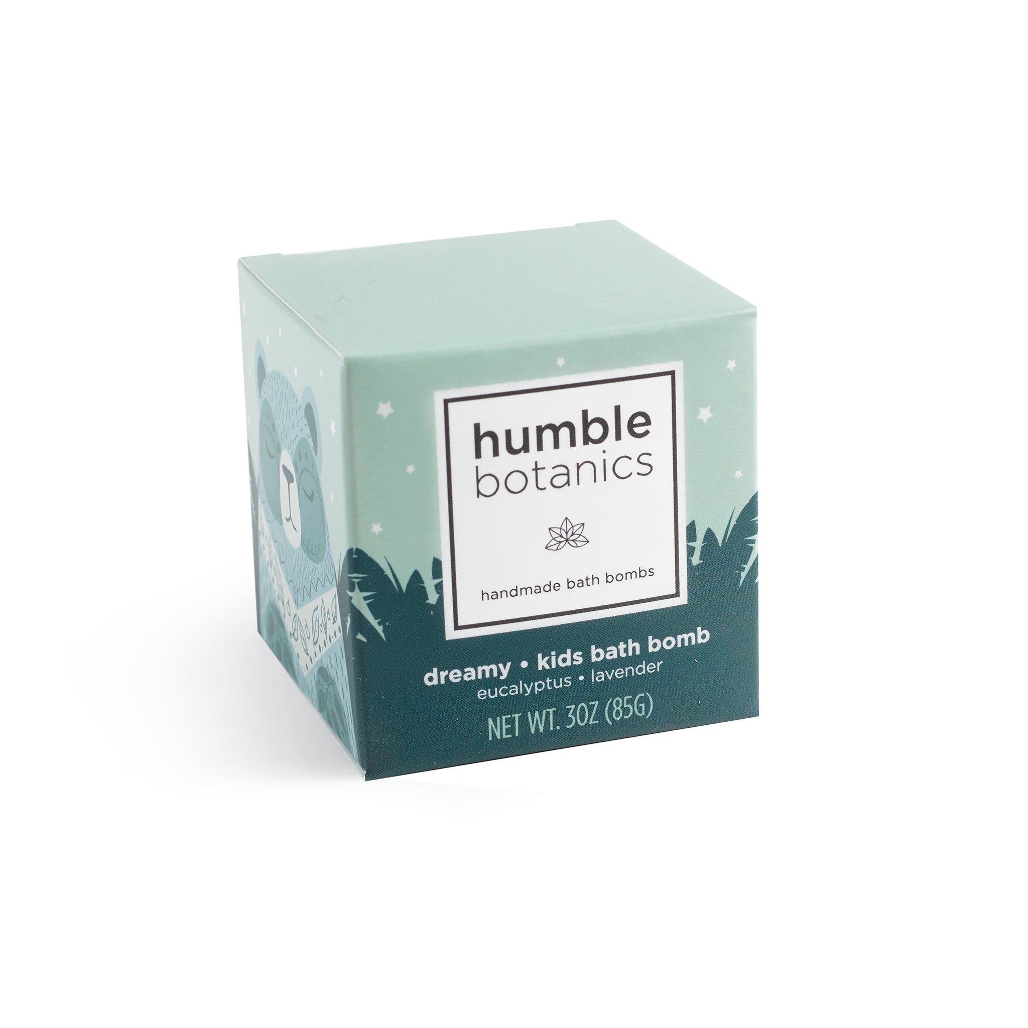 Box of humble botanics dreamy kids bath bomb on a white background