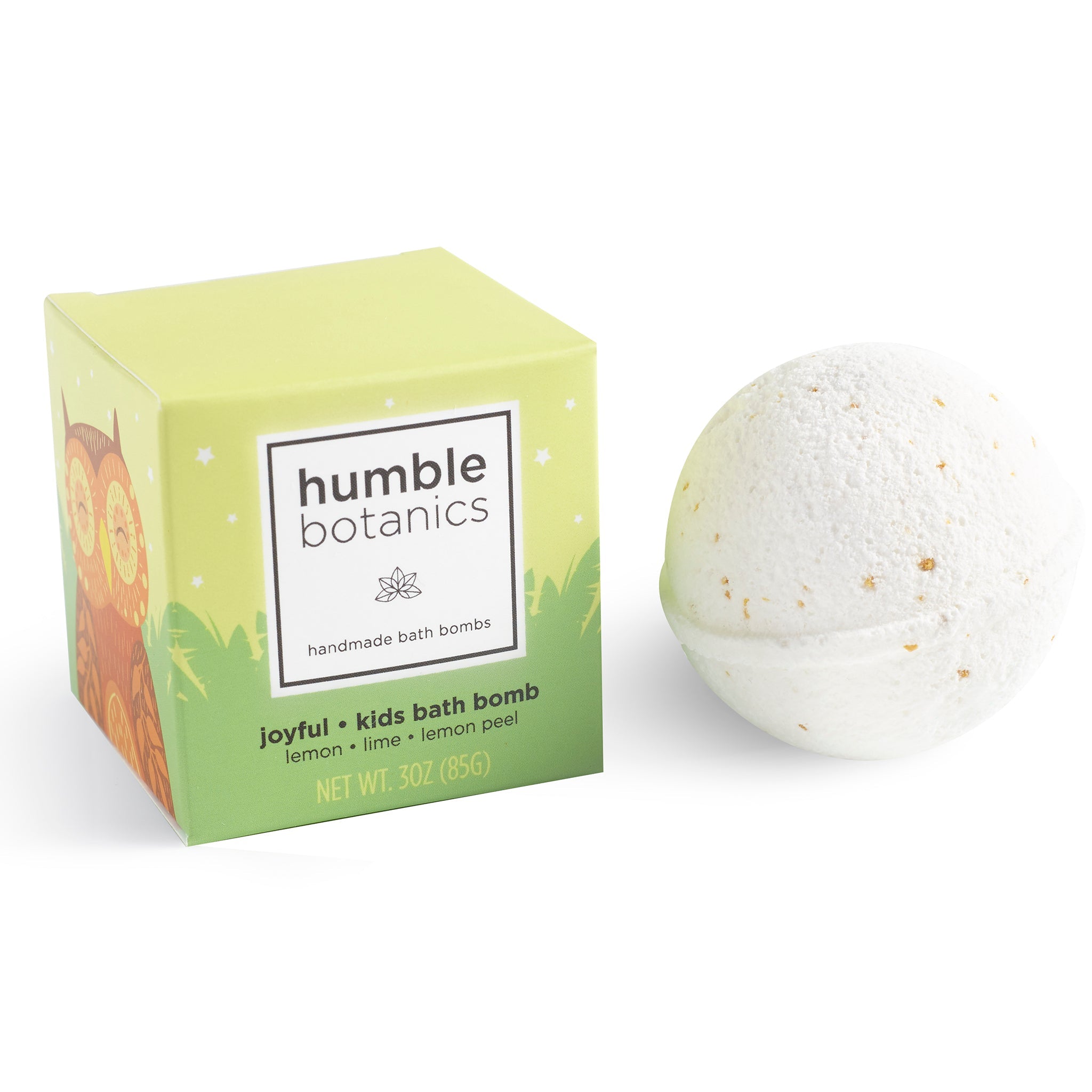 Humble Botanics bath bomb with packaging on a white background