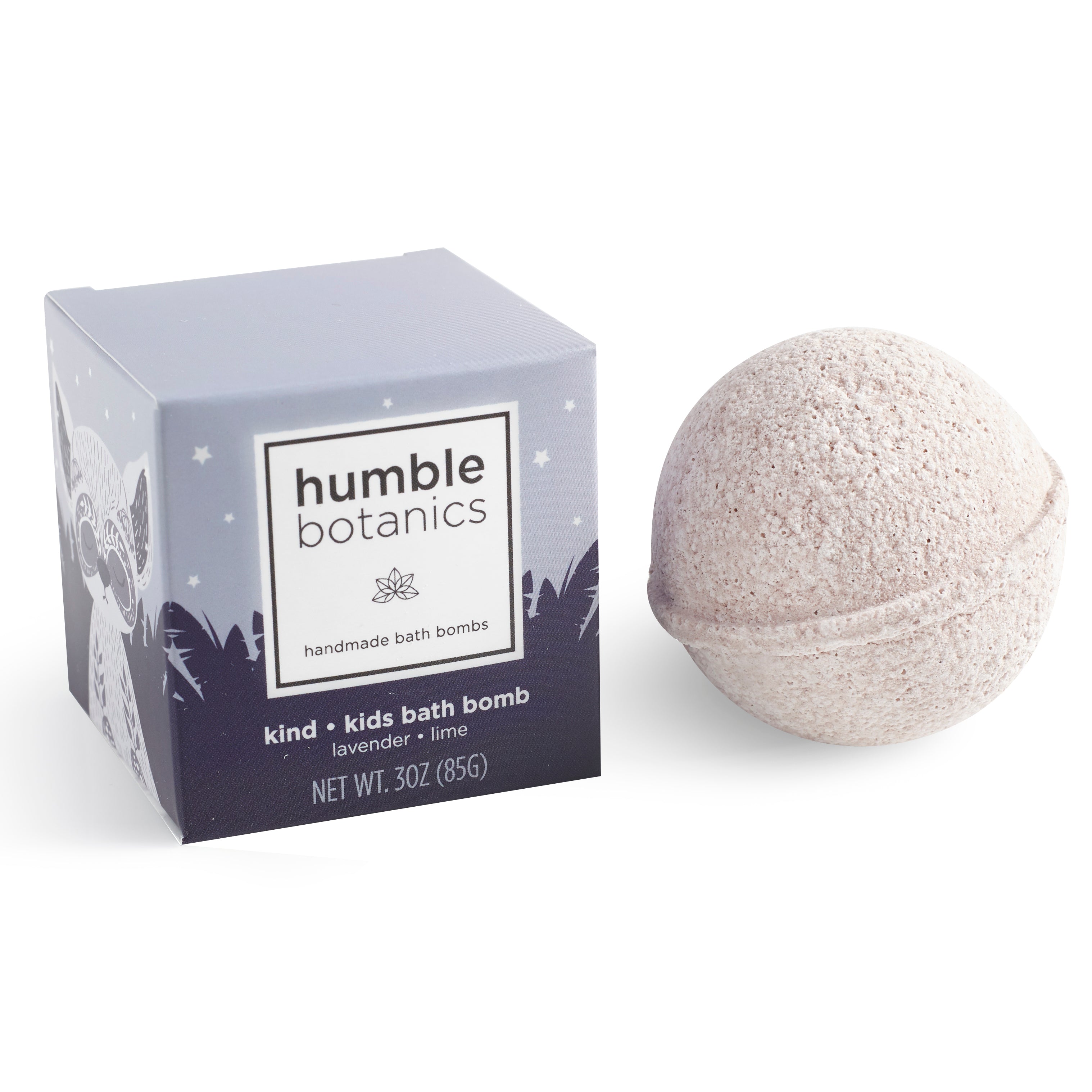 Humble Botanics bath bomb and packaging on a white background