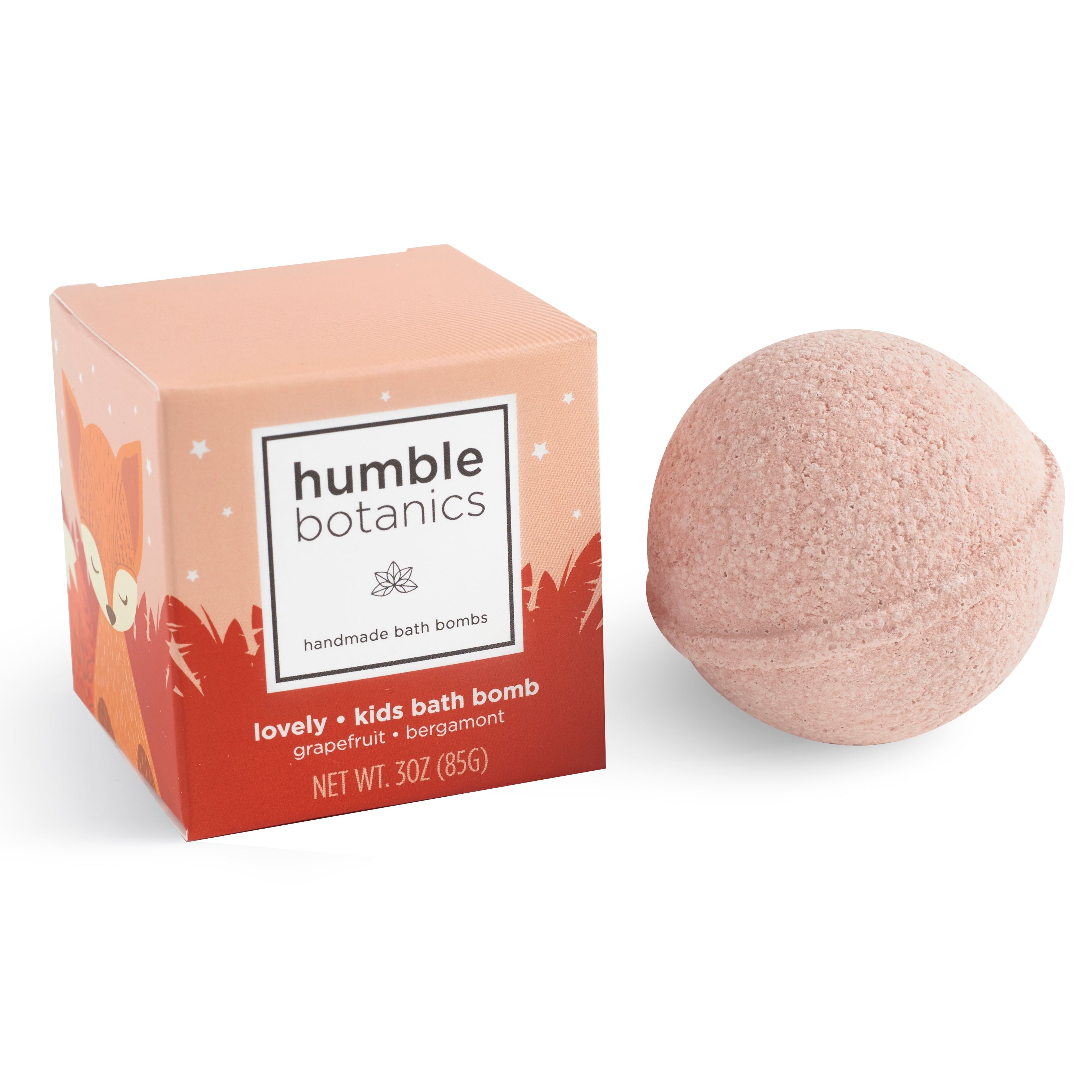 humble botanics bath bomb packaging with a pink bath bomb on a white background