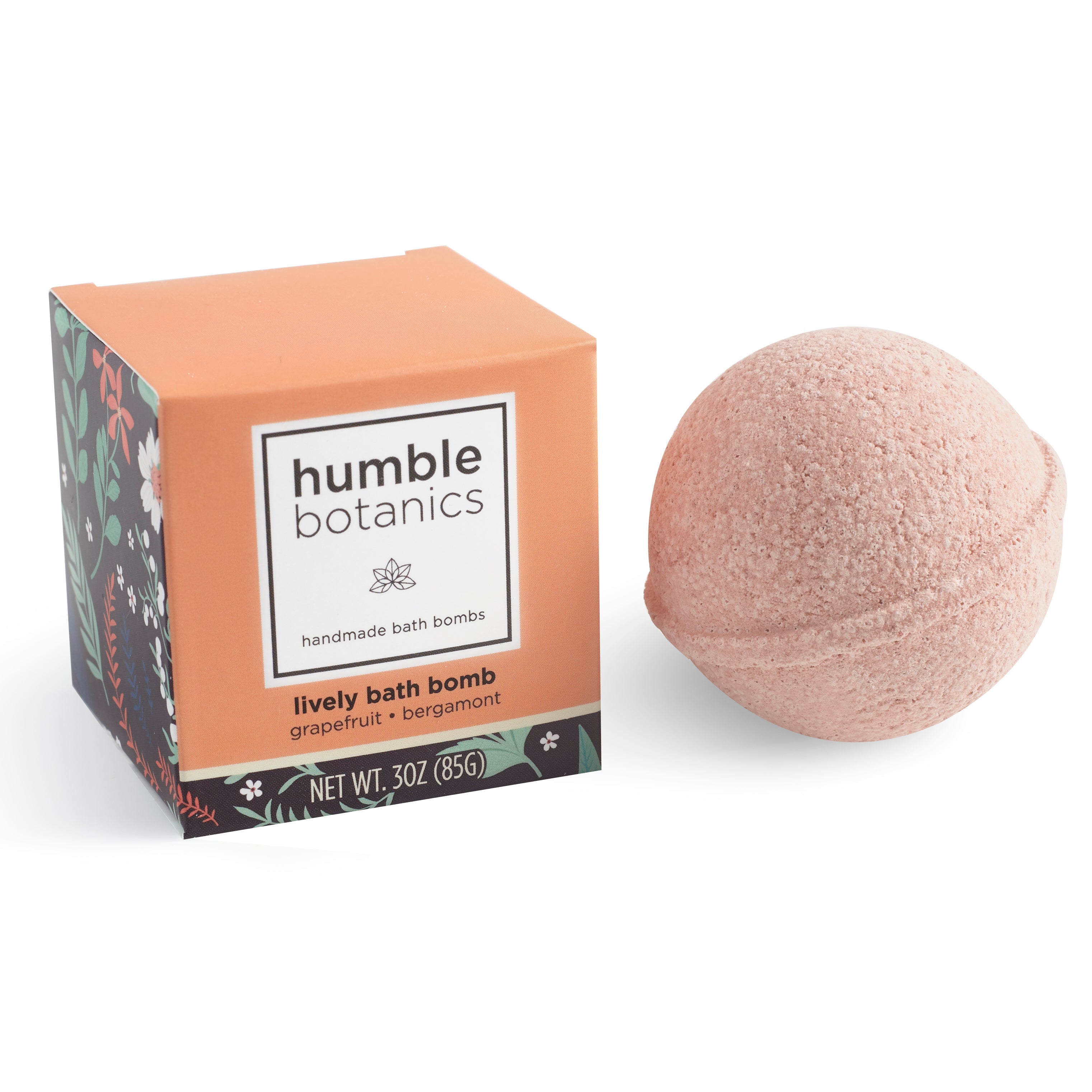 Humble Botanics bath bomb with packaging on a white background