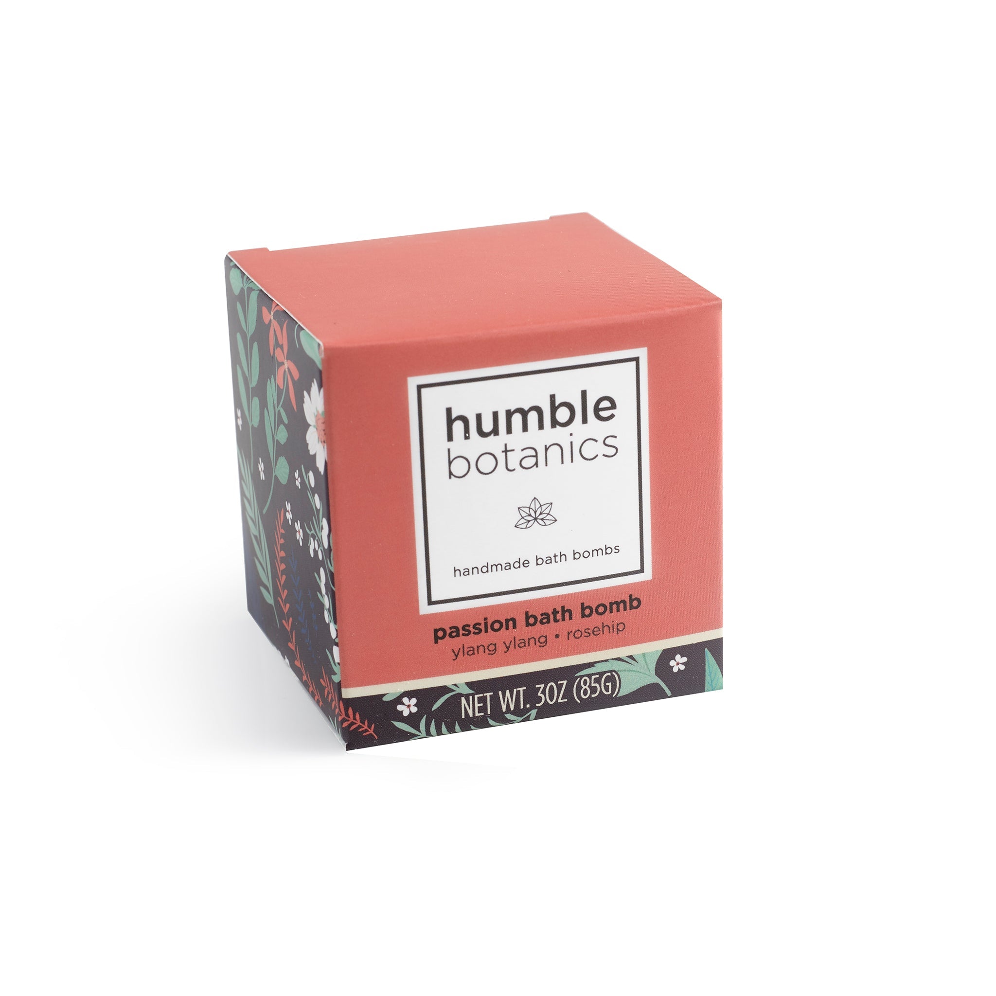 humble botanics passion bath bomb packaging on a white background