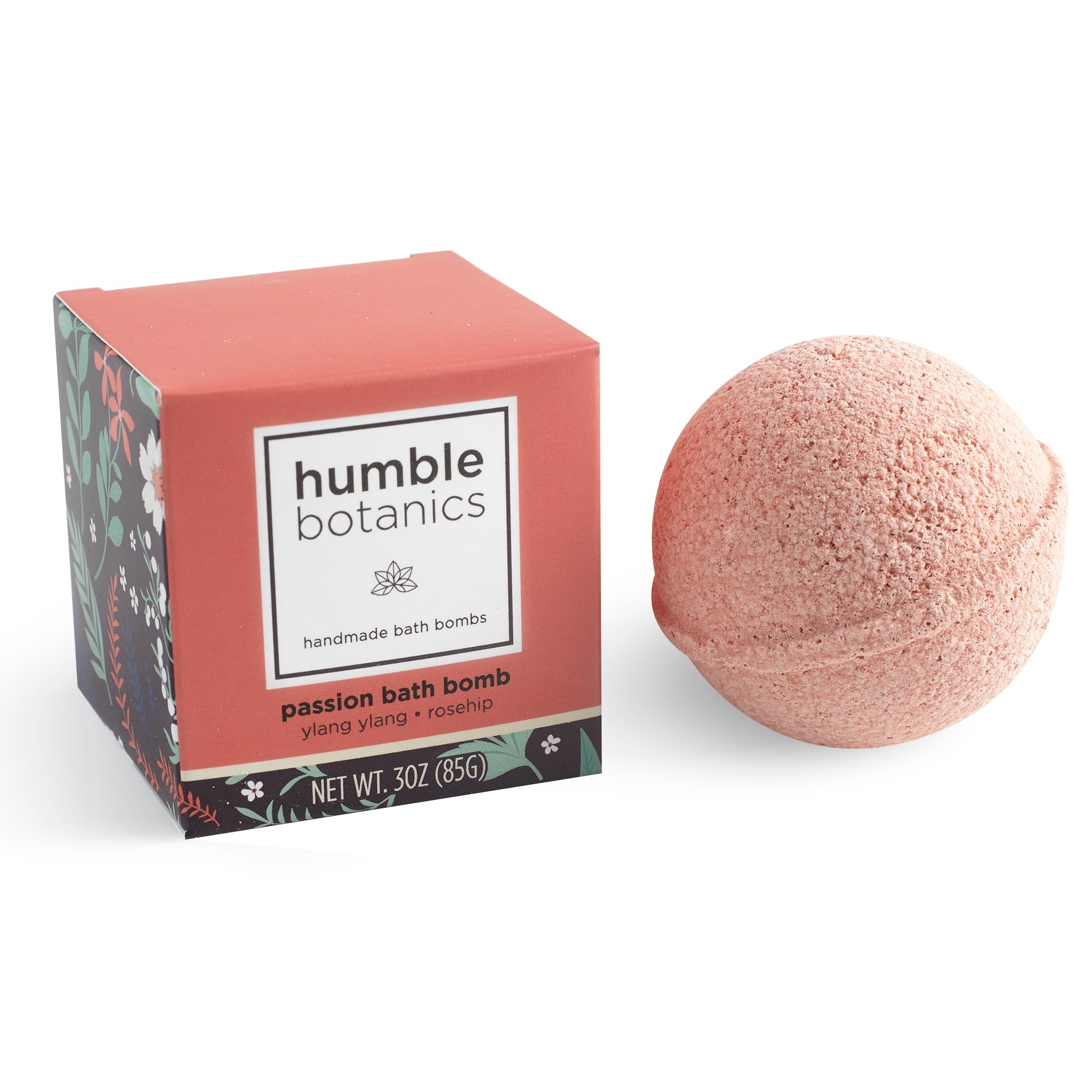 Humble Botanics bath bomb and packaging on a white background
