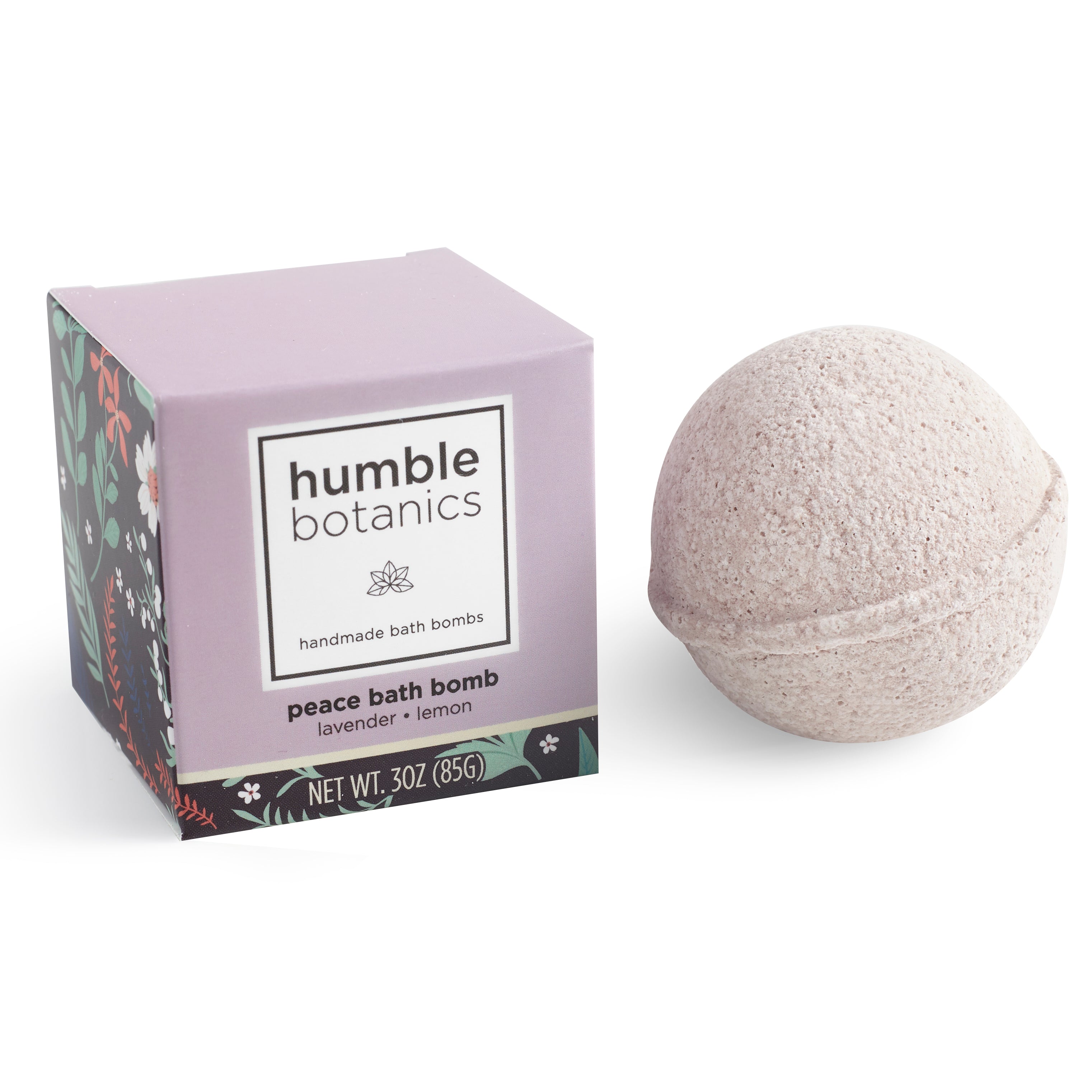 Humble Botanics bath bomb and packaging on a white background