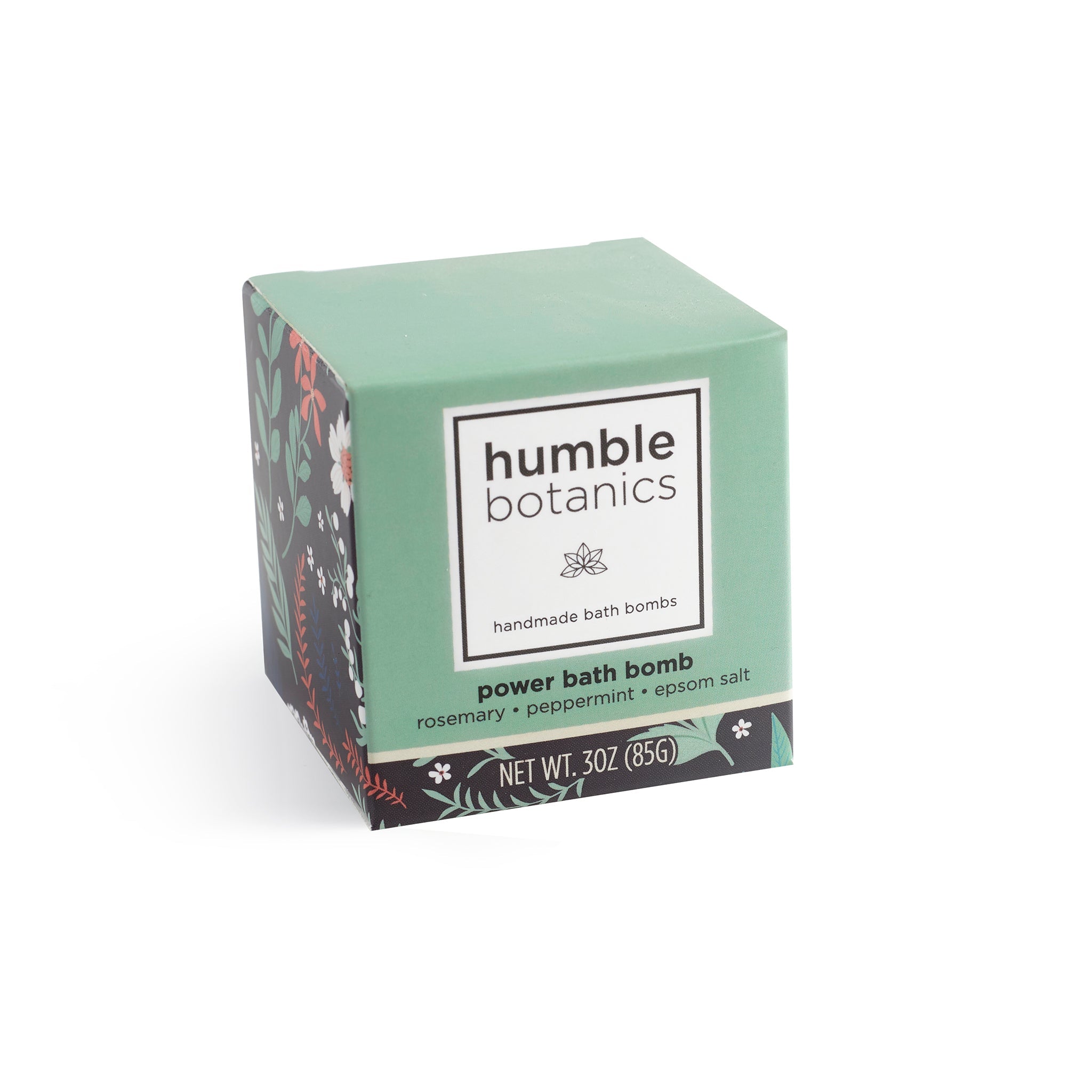 Box of humble botanics power bath bomb on a white background