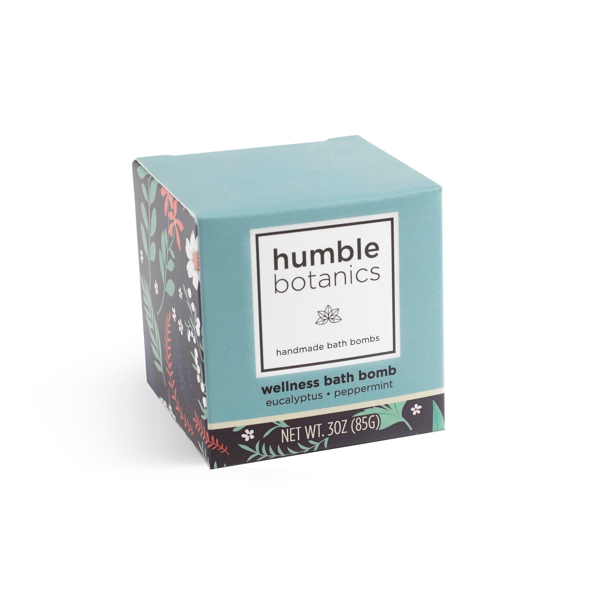 Box of humble botanics bath bombs on a white background