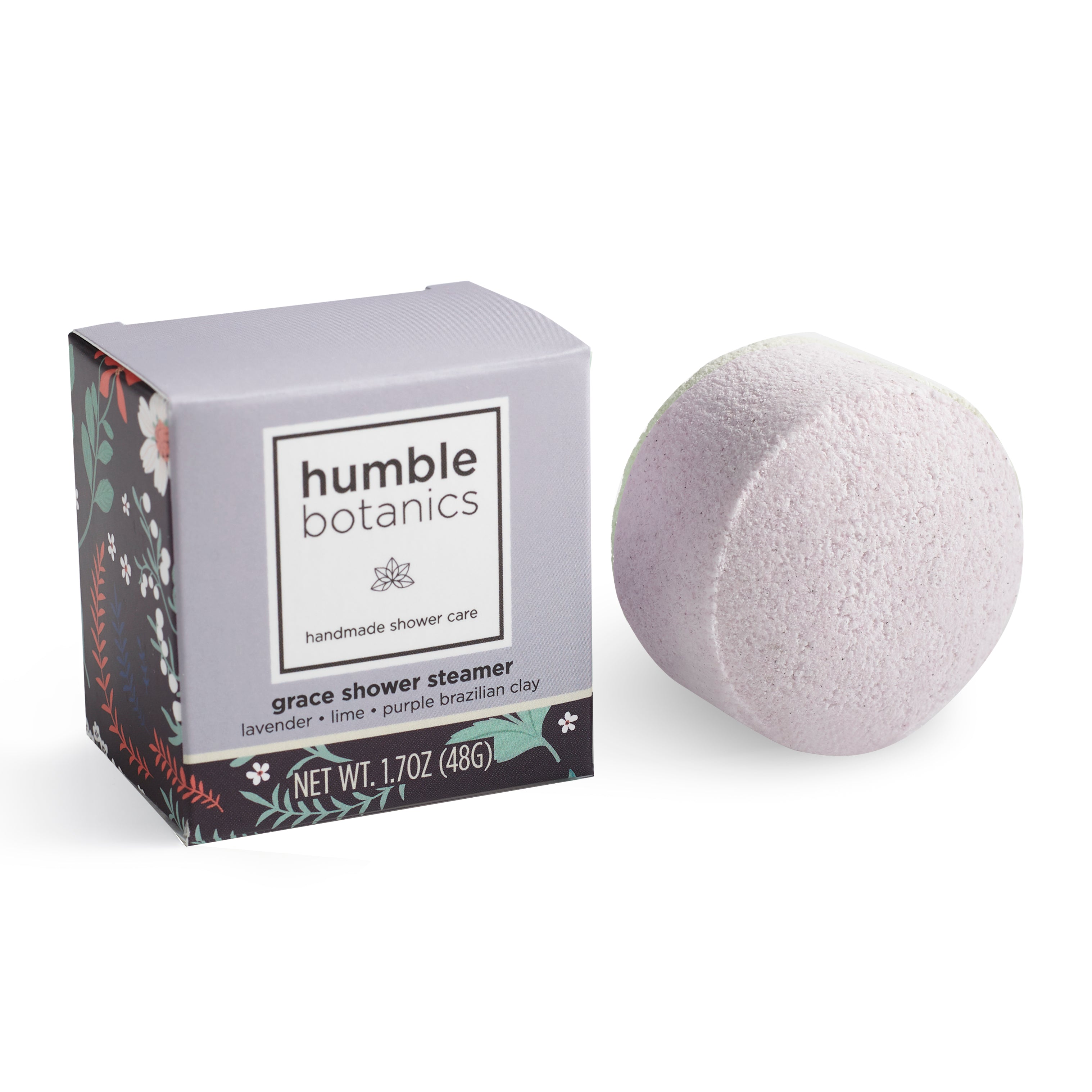 Humble Botanics shower steamers packaging with a lavender ball on a white background