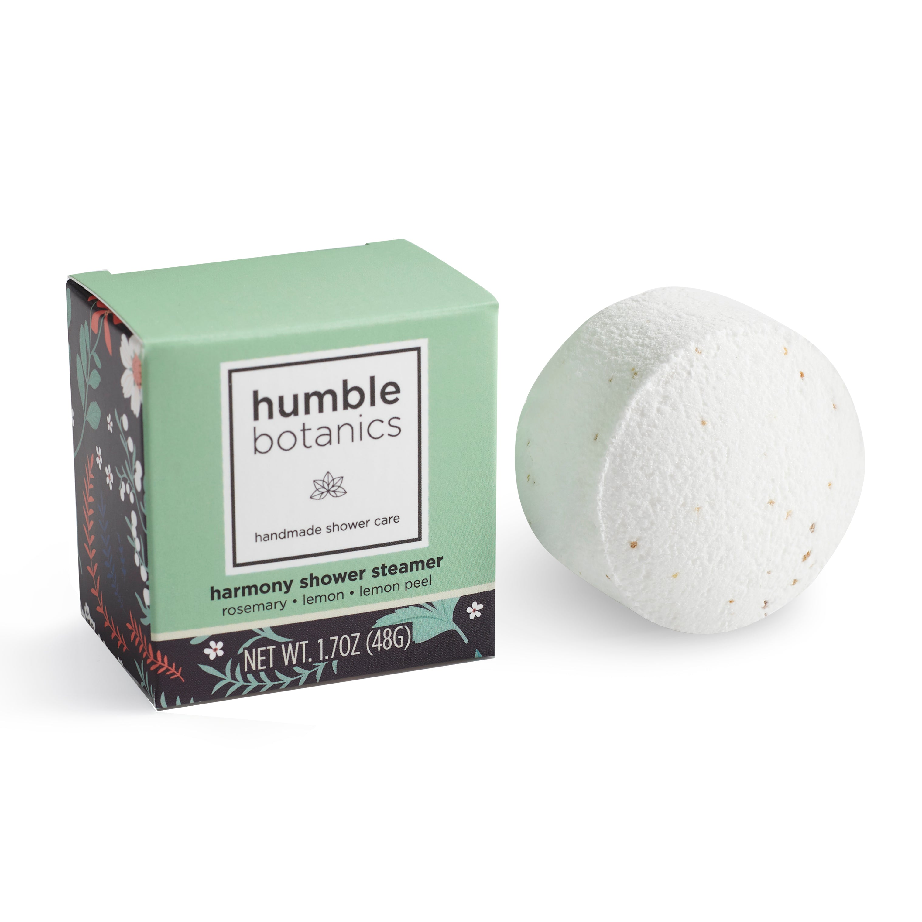 Humble Botanics harmony shower steamer with packaging on a white background