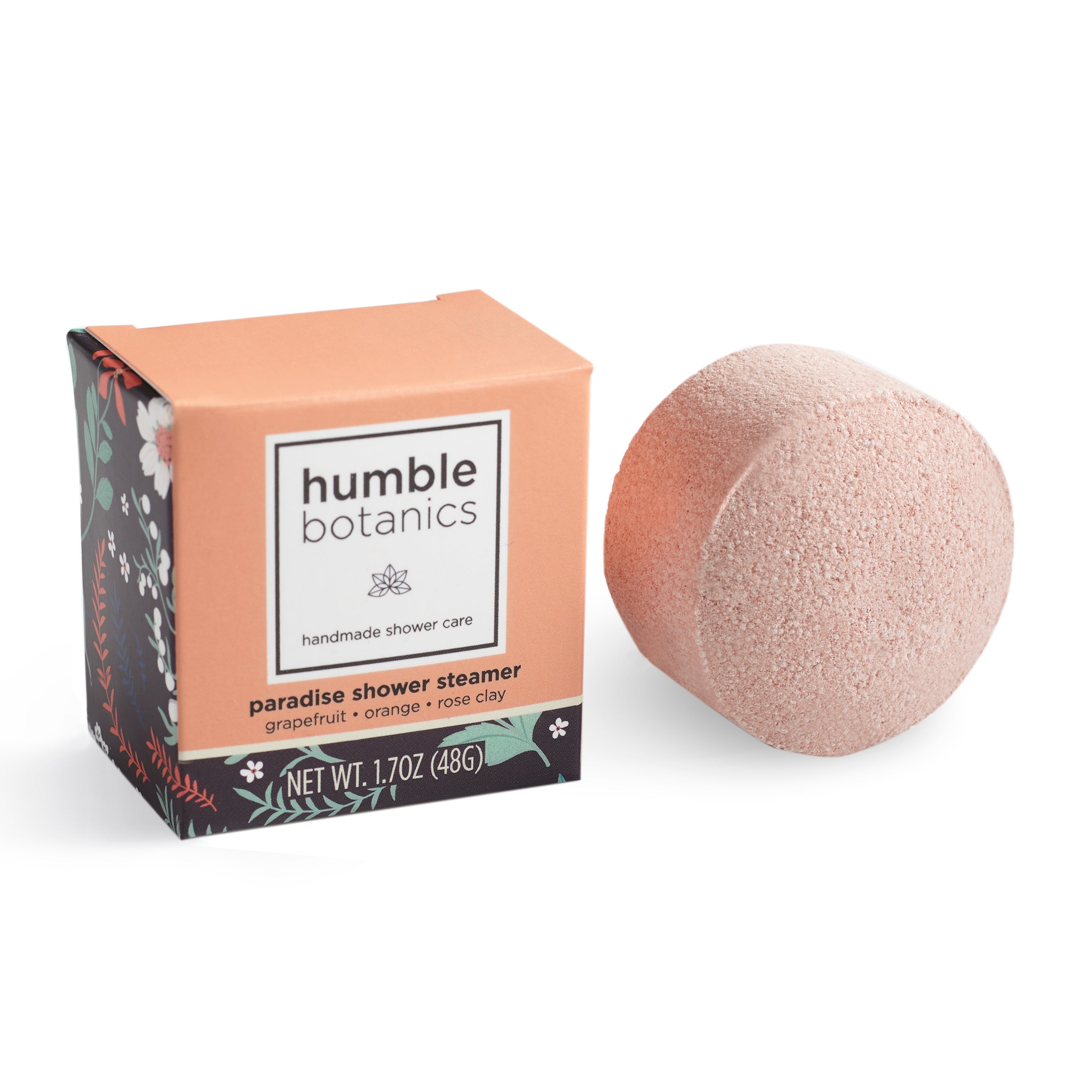Humble Botanics paradise shower steamer with packaging on a white background