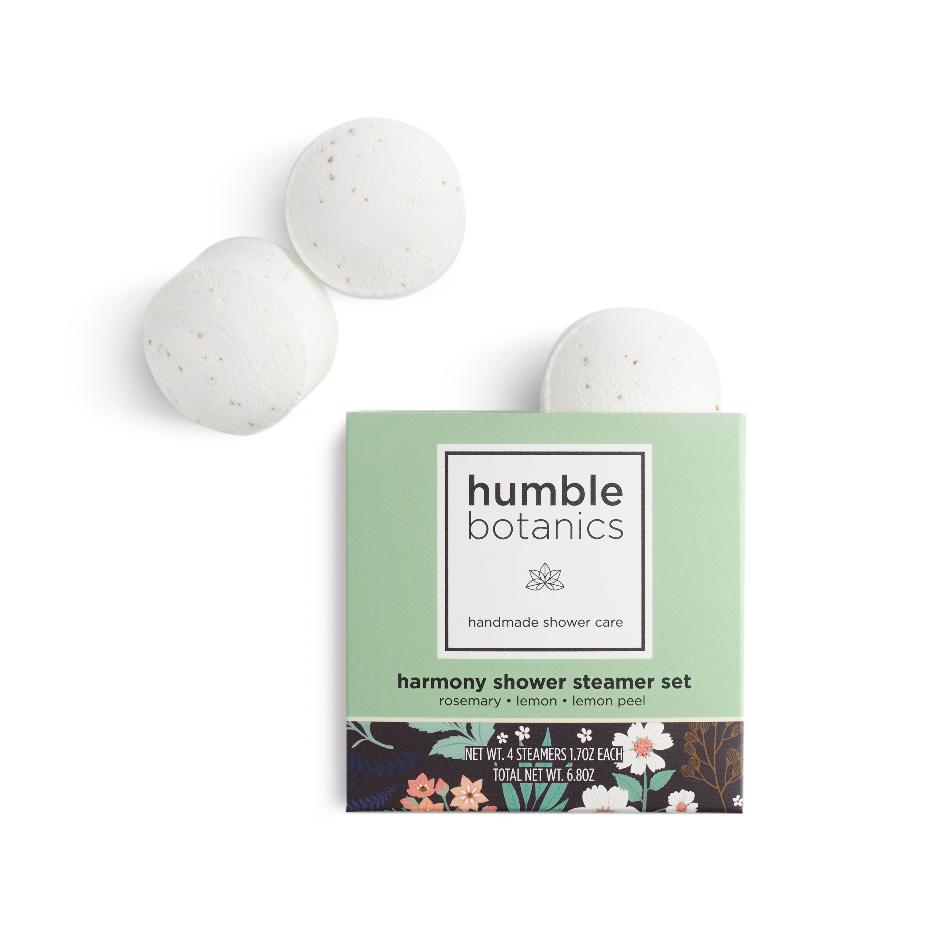 Humble Botanics harmony shower steamer set with three white shower steamers on a white background.