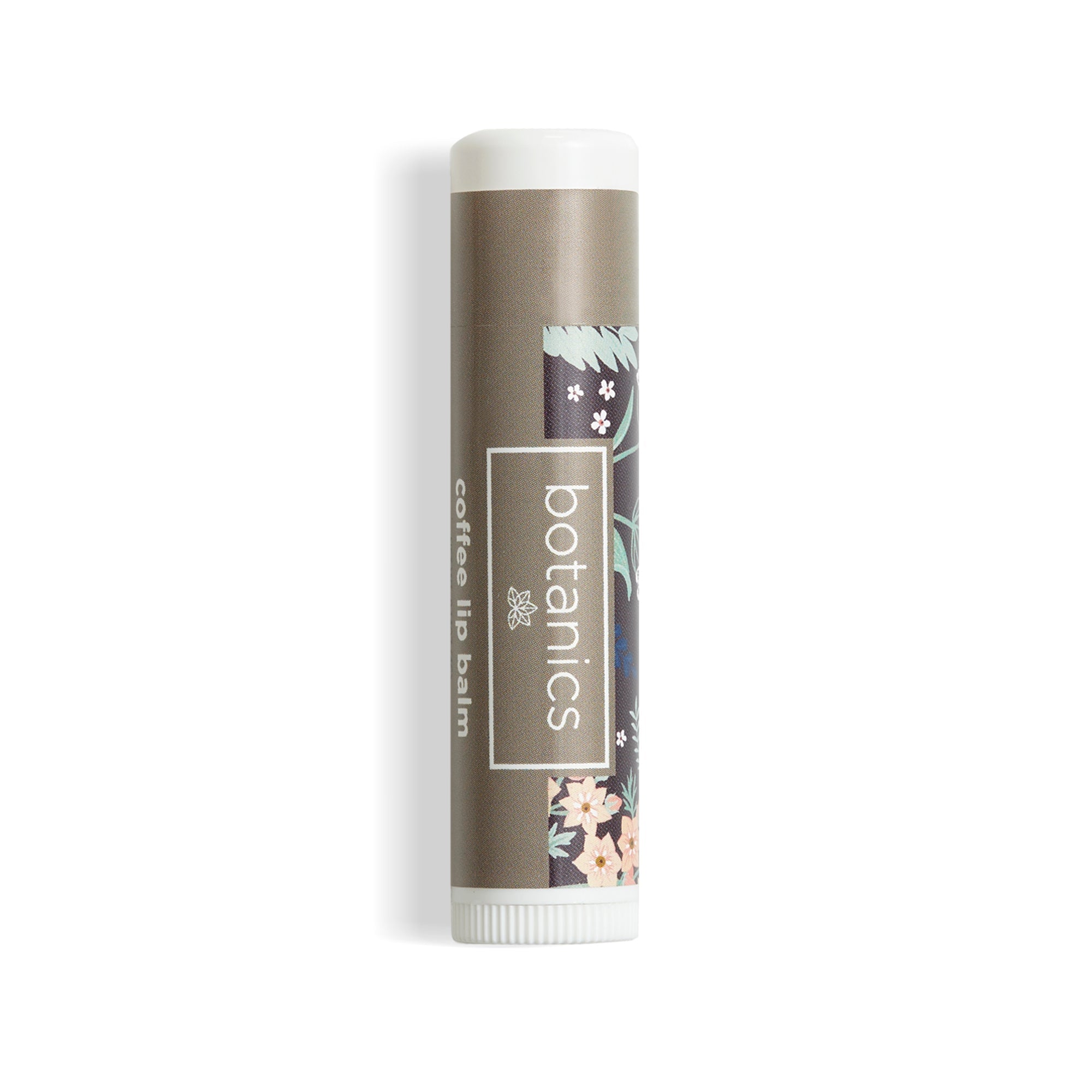 Botanics coffee lip balm on a white background