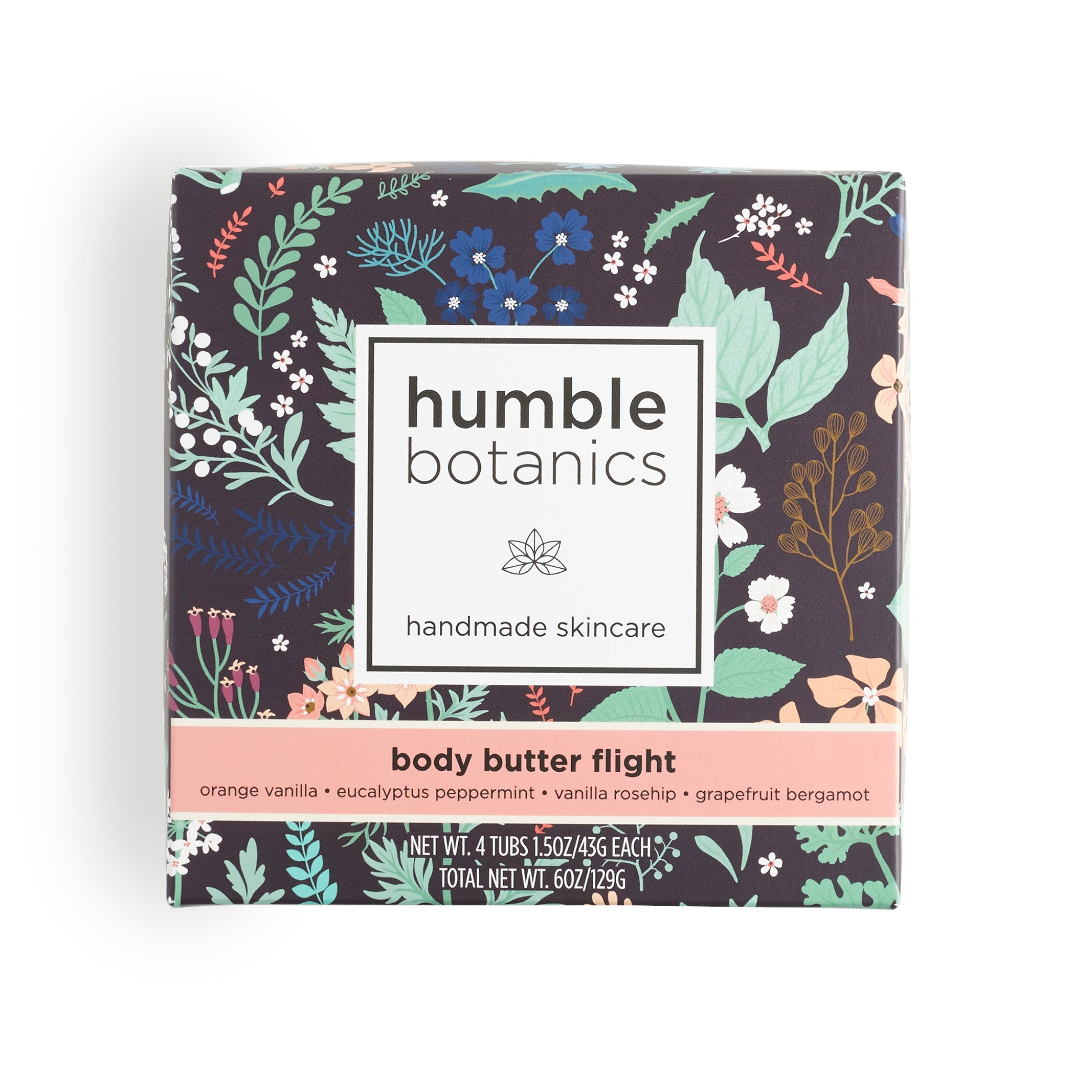 Humble Botanics body butter flight packaging with floral design on a white background