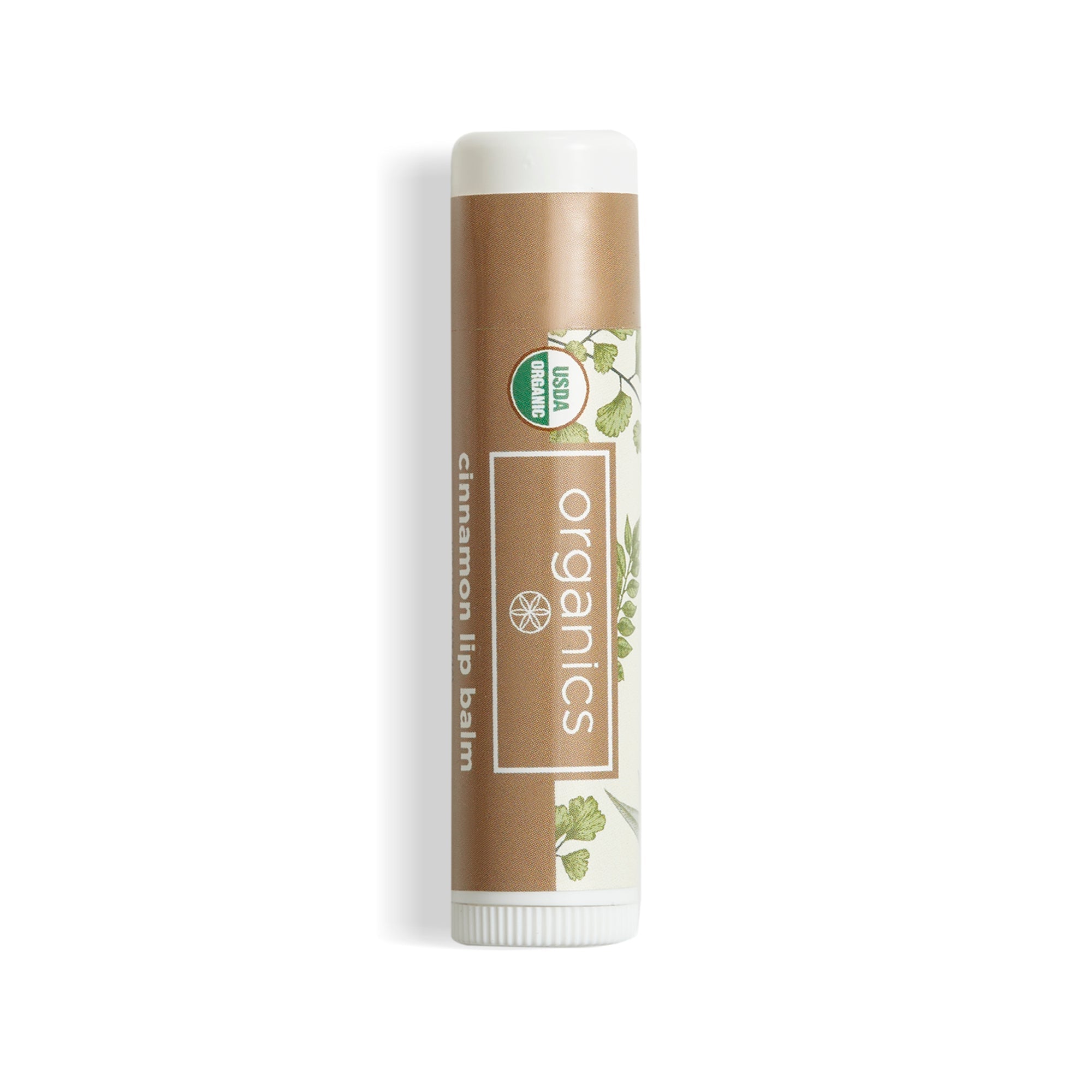Lip balm with 'Organics' branding on a white background