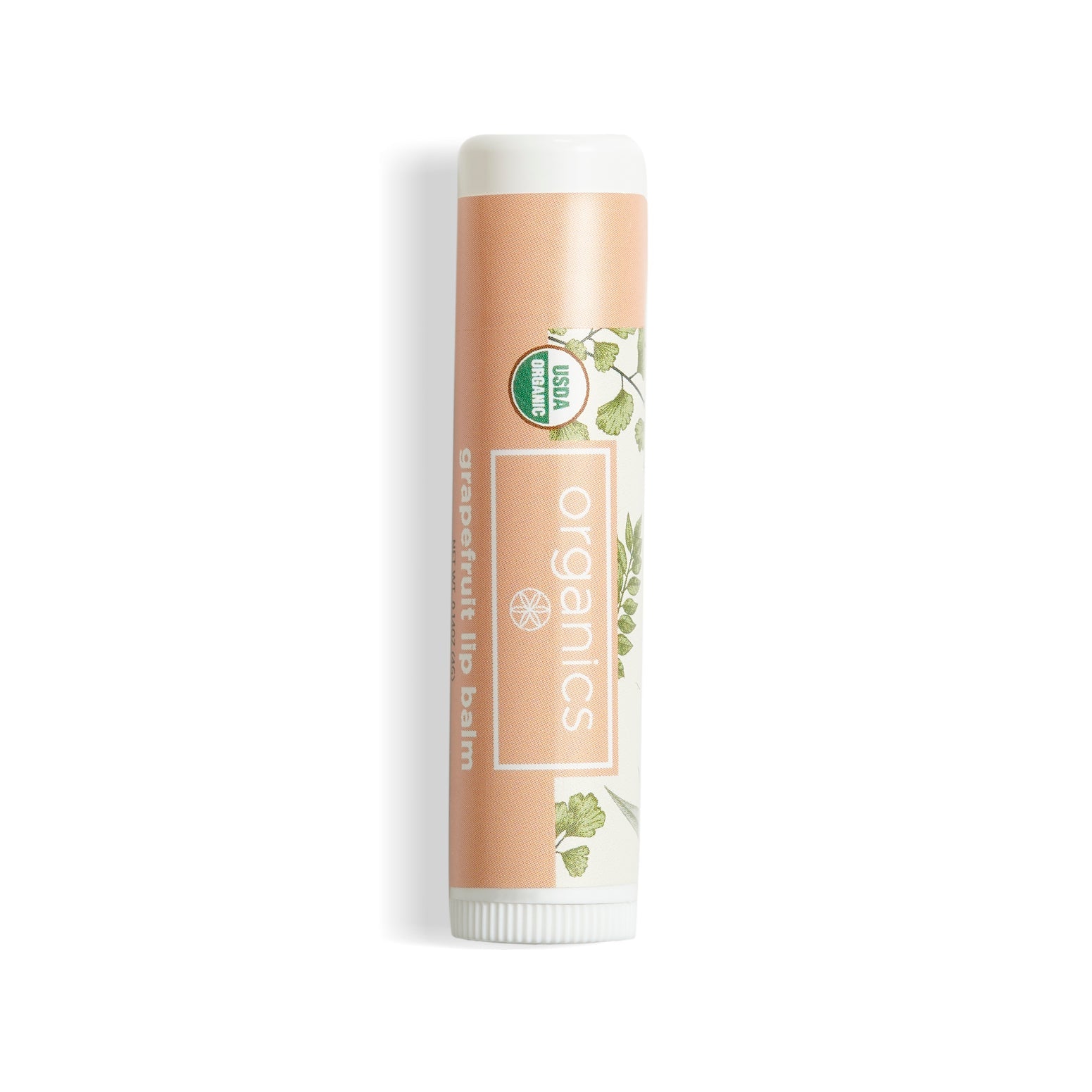 Lip balm with 'Organics' branding on a white background