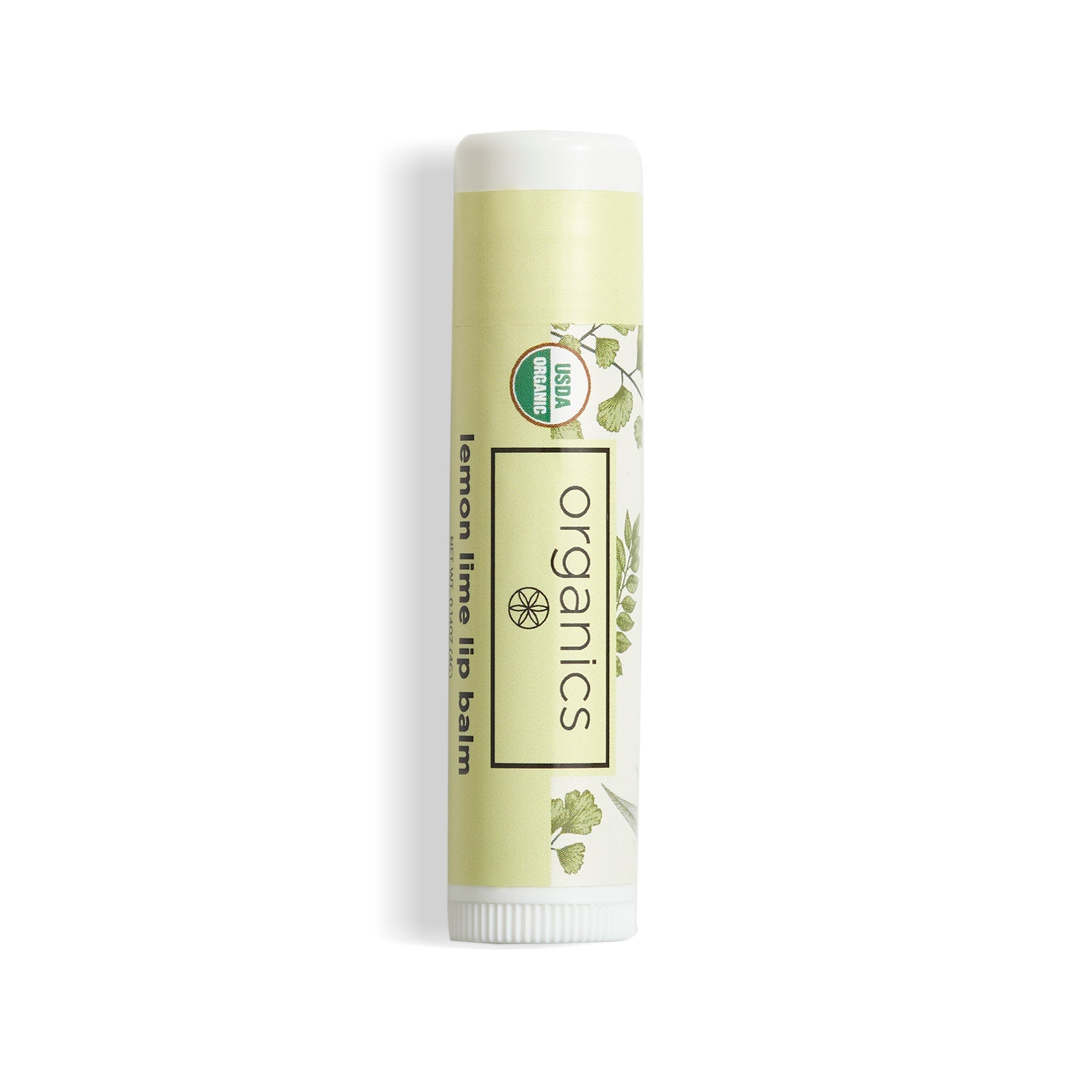 Lip balm with 'Organics' branding on a white background