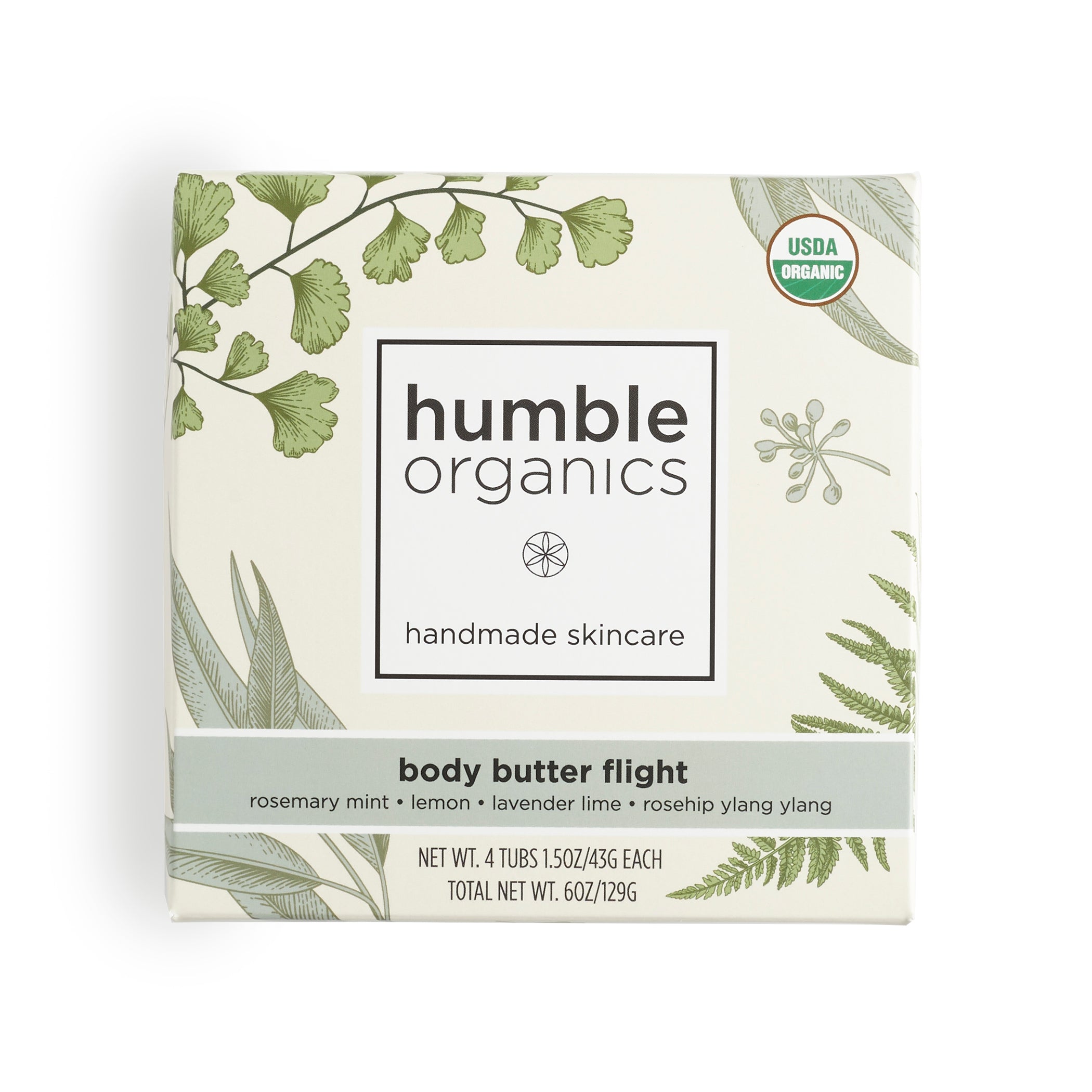 Box of humble organics body butter flight with green leaf design on a white background