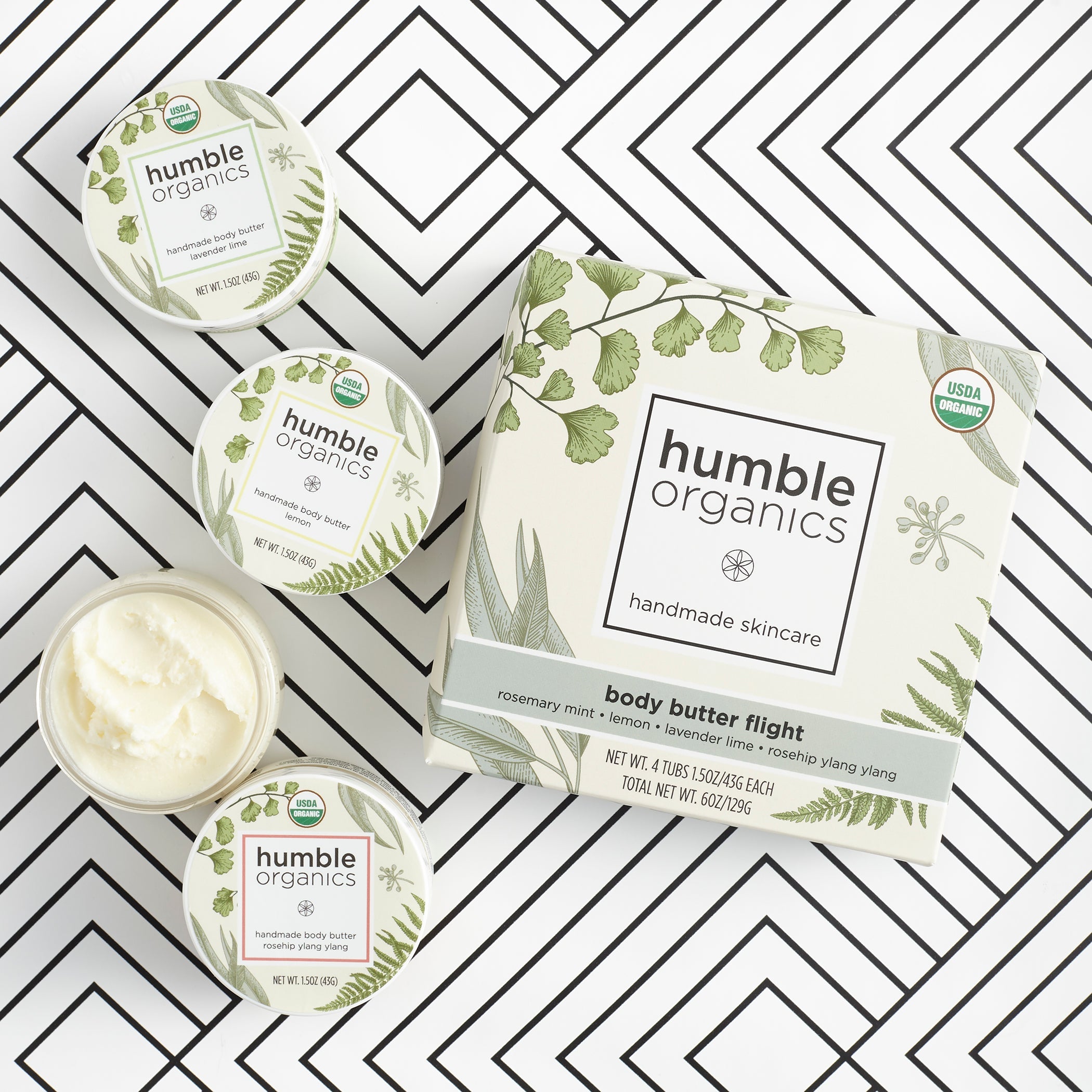 Humble Organics skincare products on a patterned background
