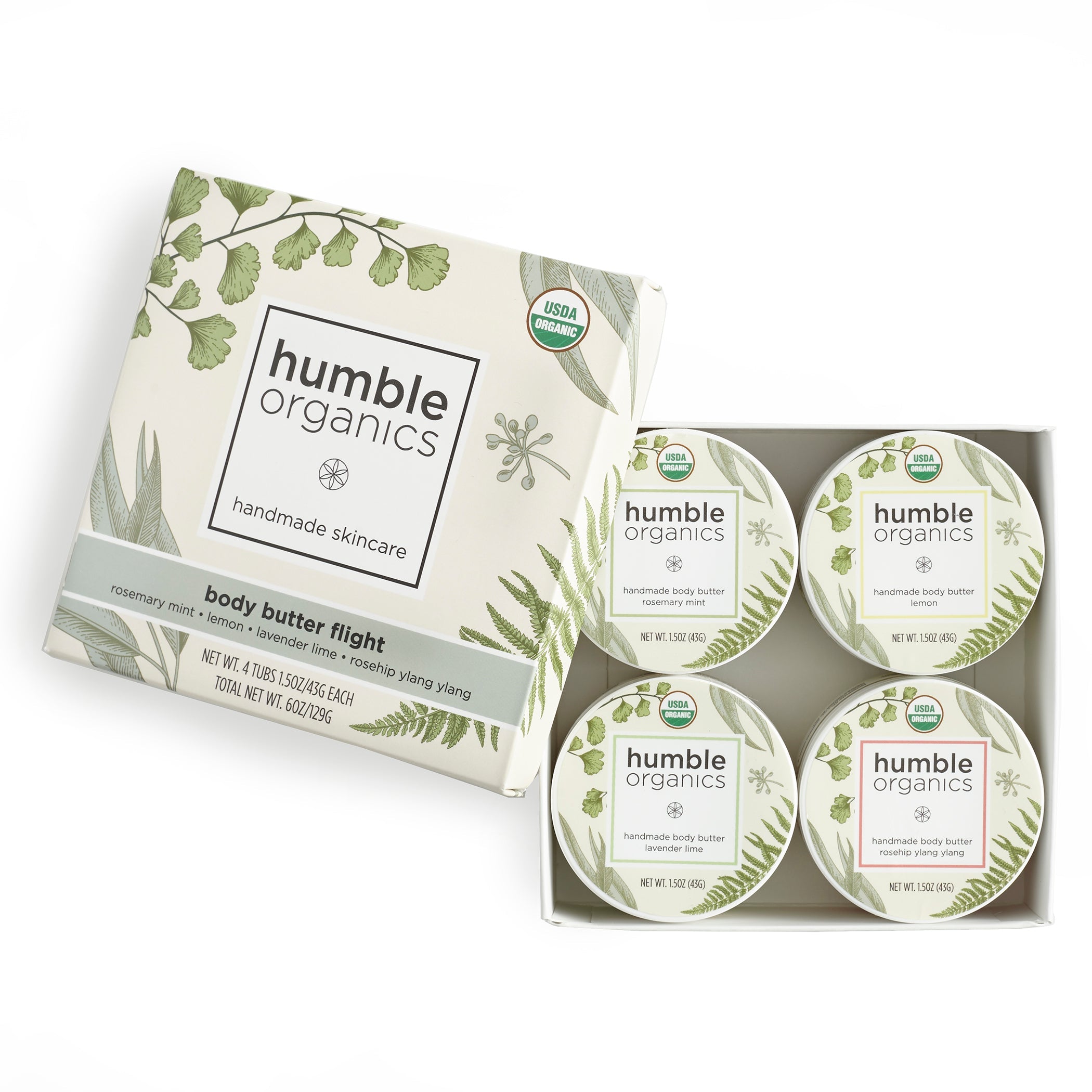 humble organics body butter set with packaging on a white background