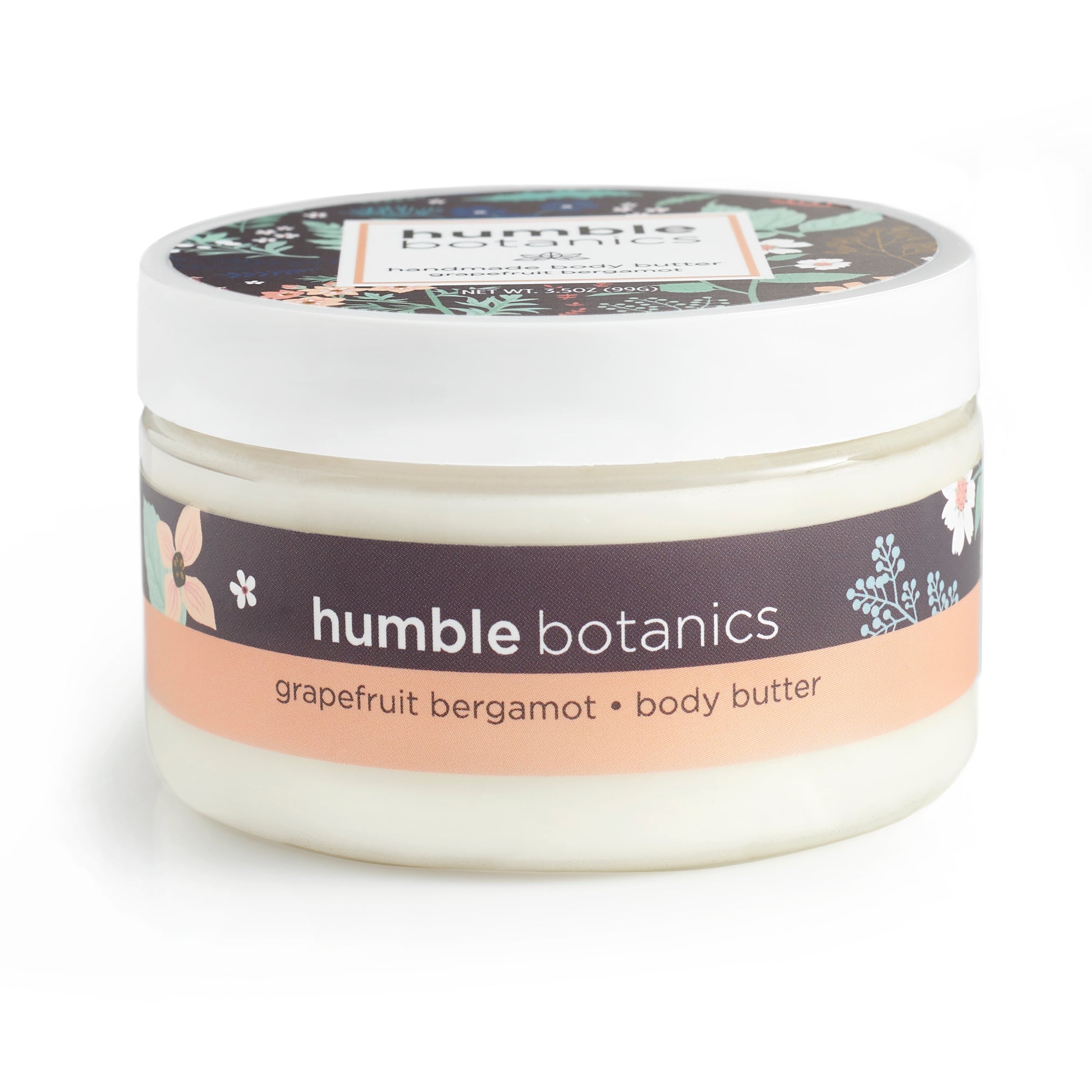 Jar of humble botanics grapefruit bergamot body butter on a white background