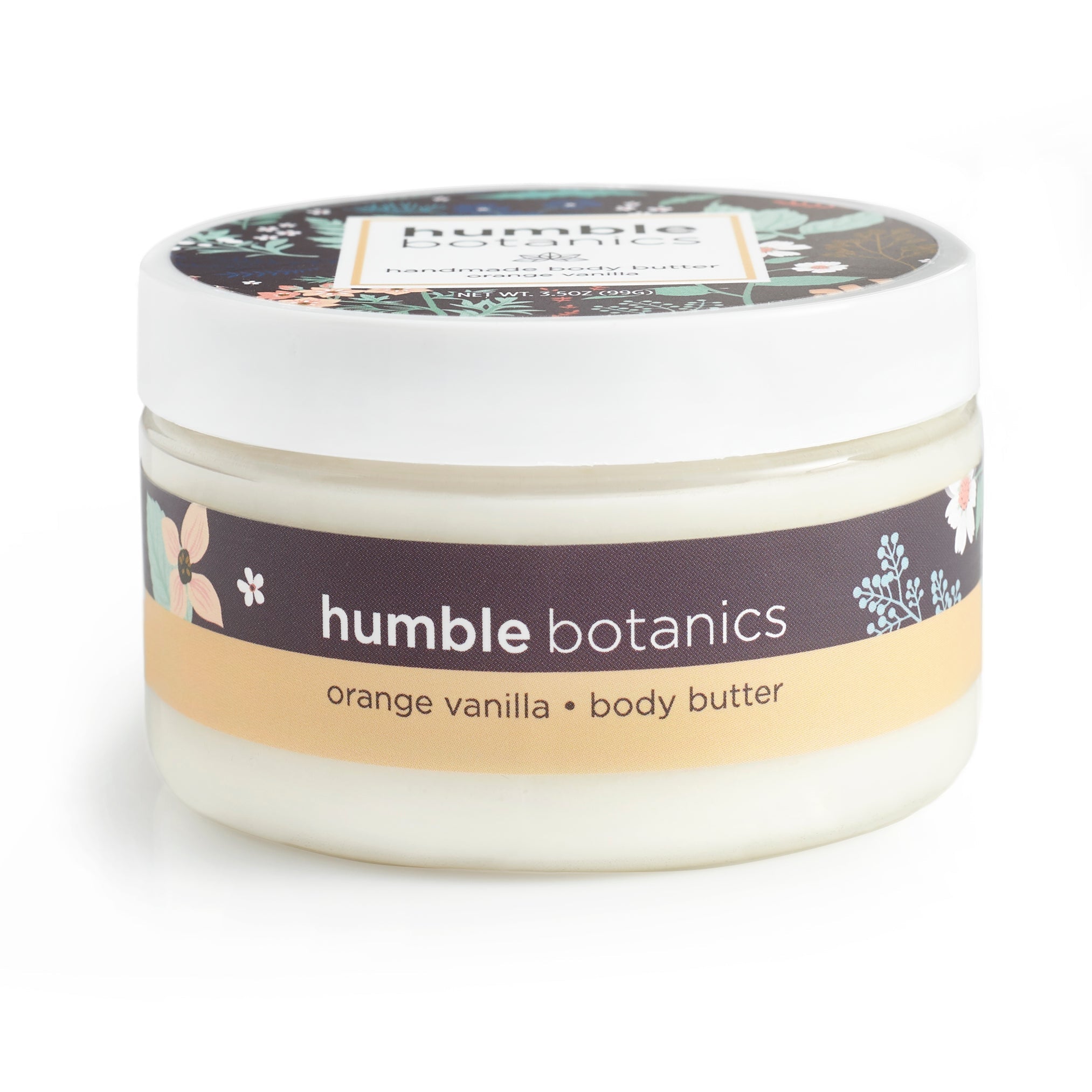 Jar of humble botanics orange vanilla body butter on a white background