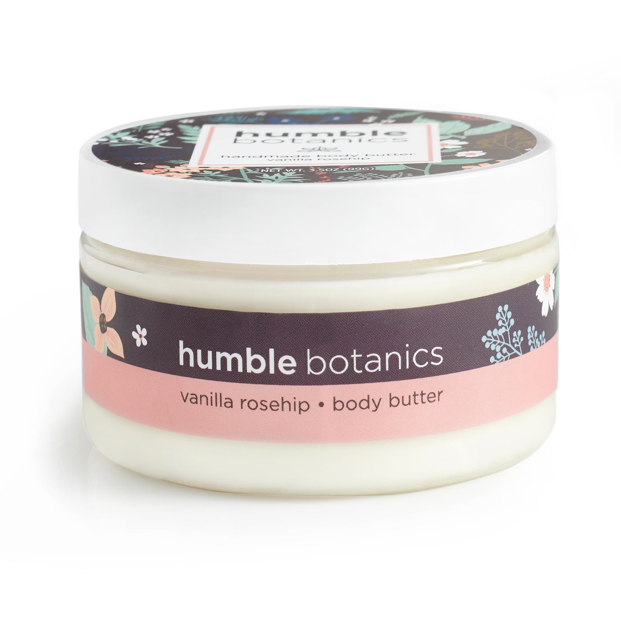 Jar of humble botanics vanilla rosehip body butter on a white background