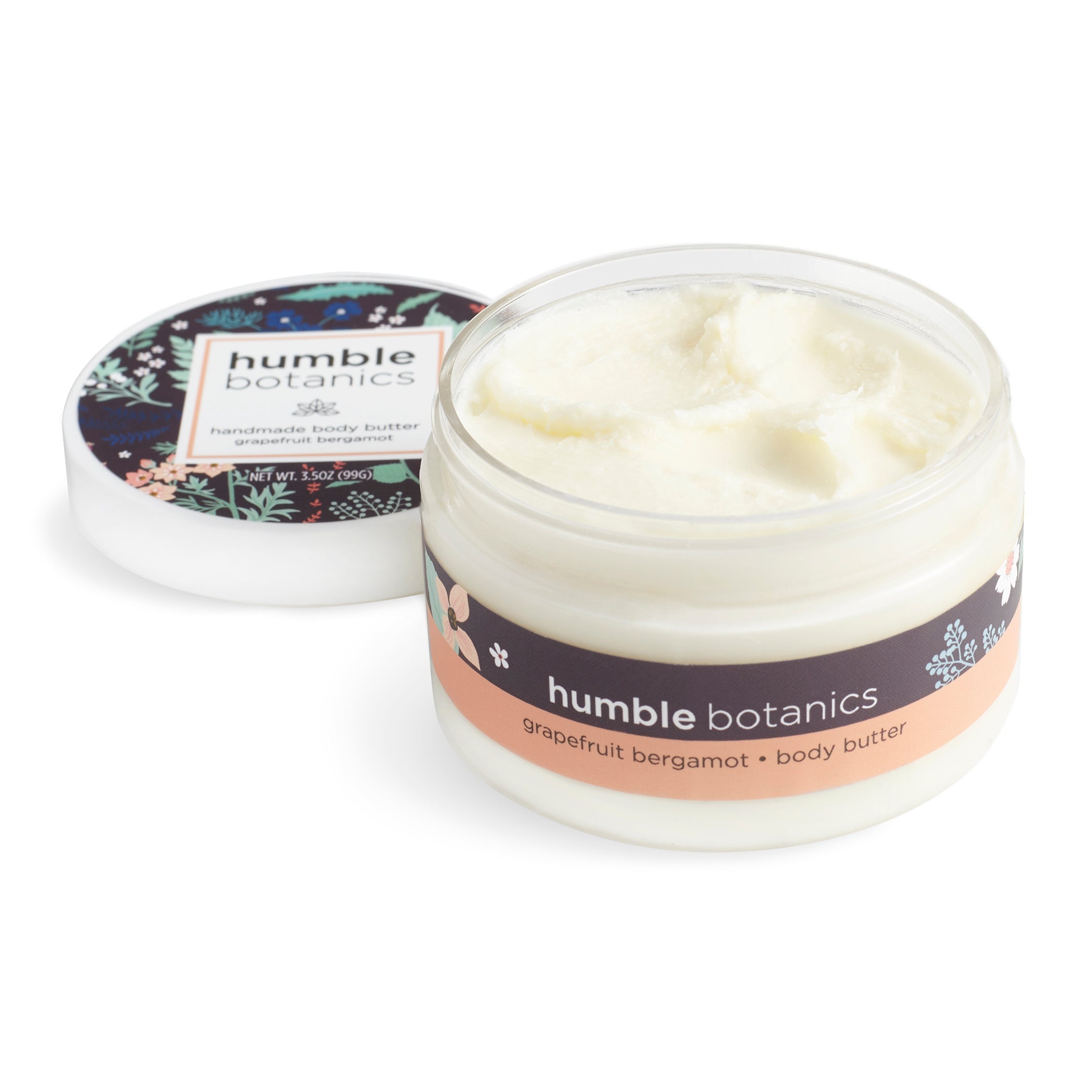 Humble Botanics body butter jar with lid on a white background