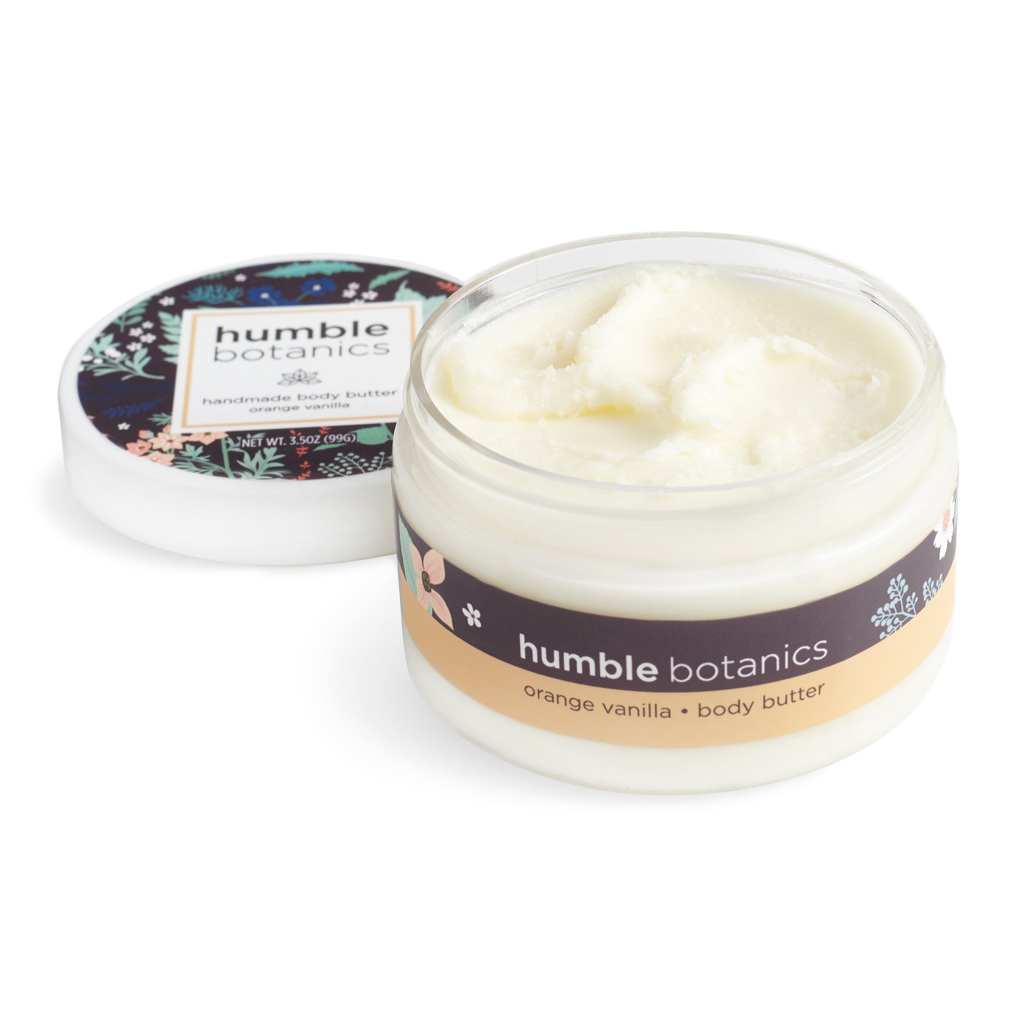 Jar of 'humble botanics' orange vanilla body butter on a white background