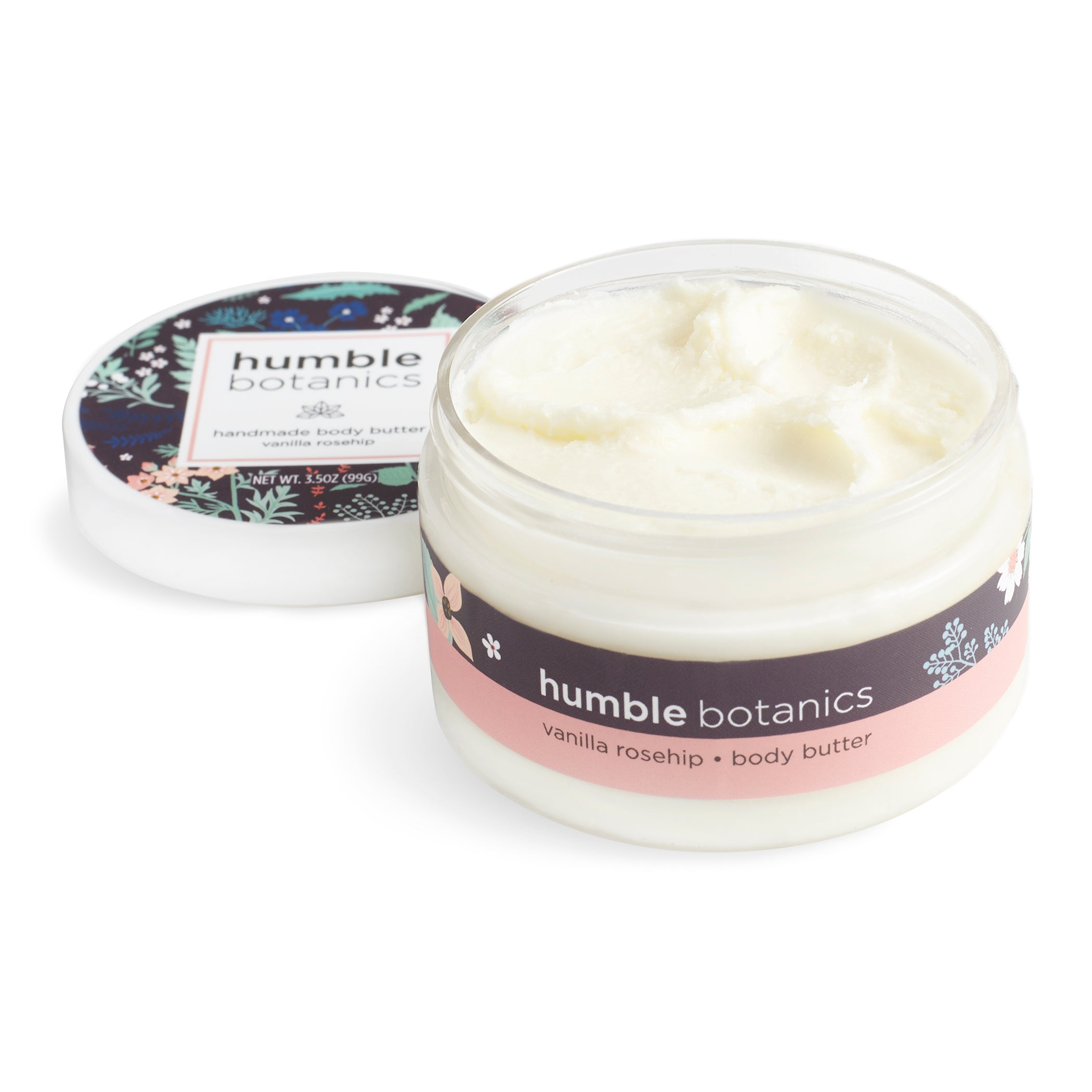Jar of humble botanics vanilla rosehip body butter on a white background