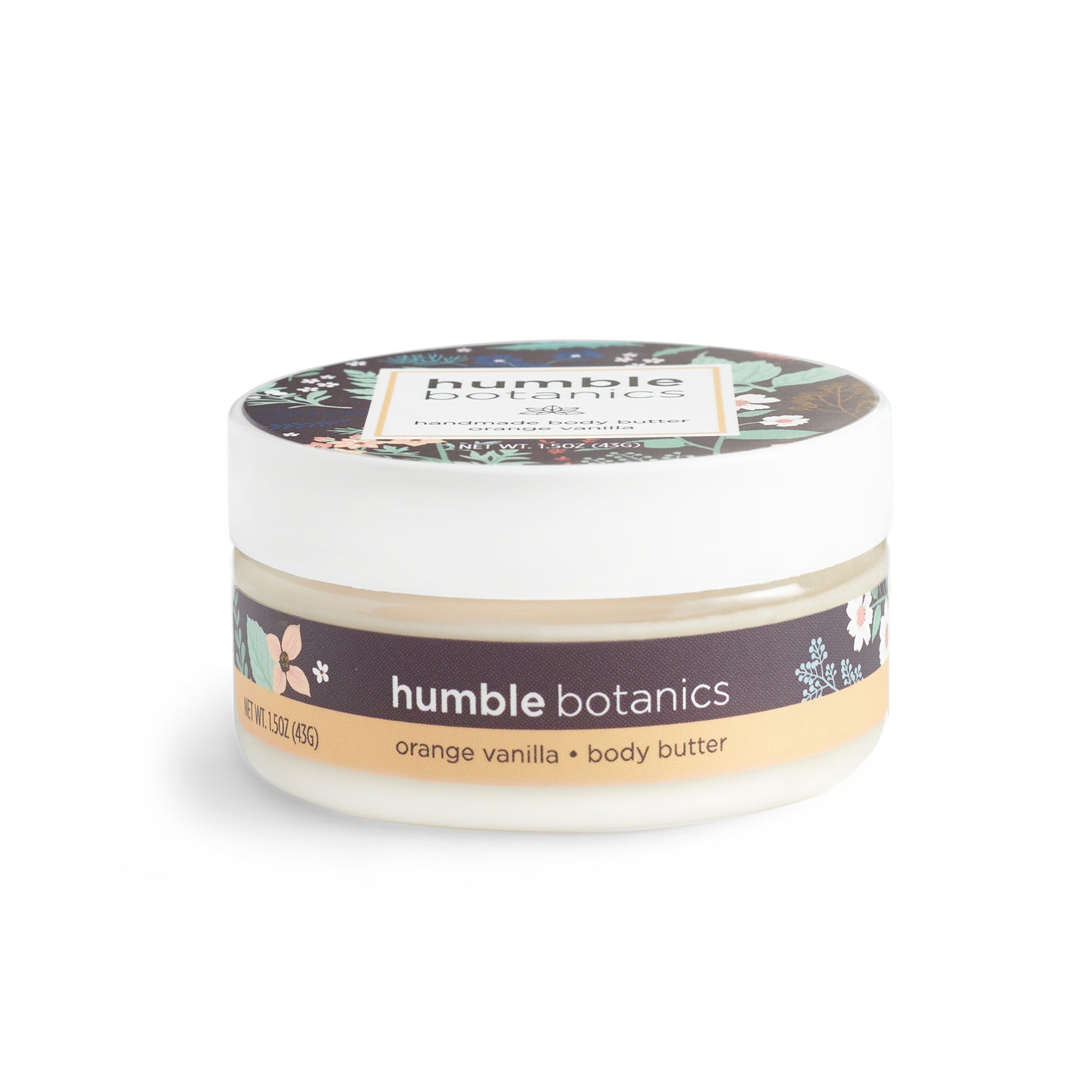 Jar of humble botanics orange vanilla body butter on a white background