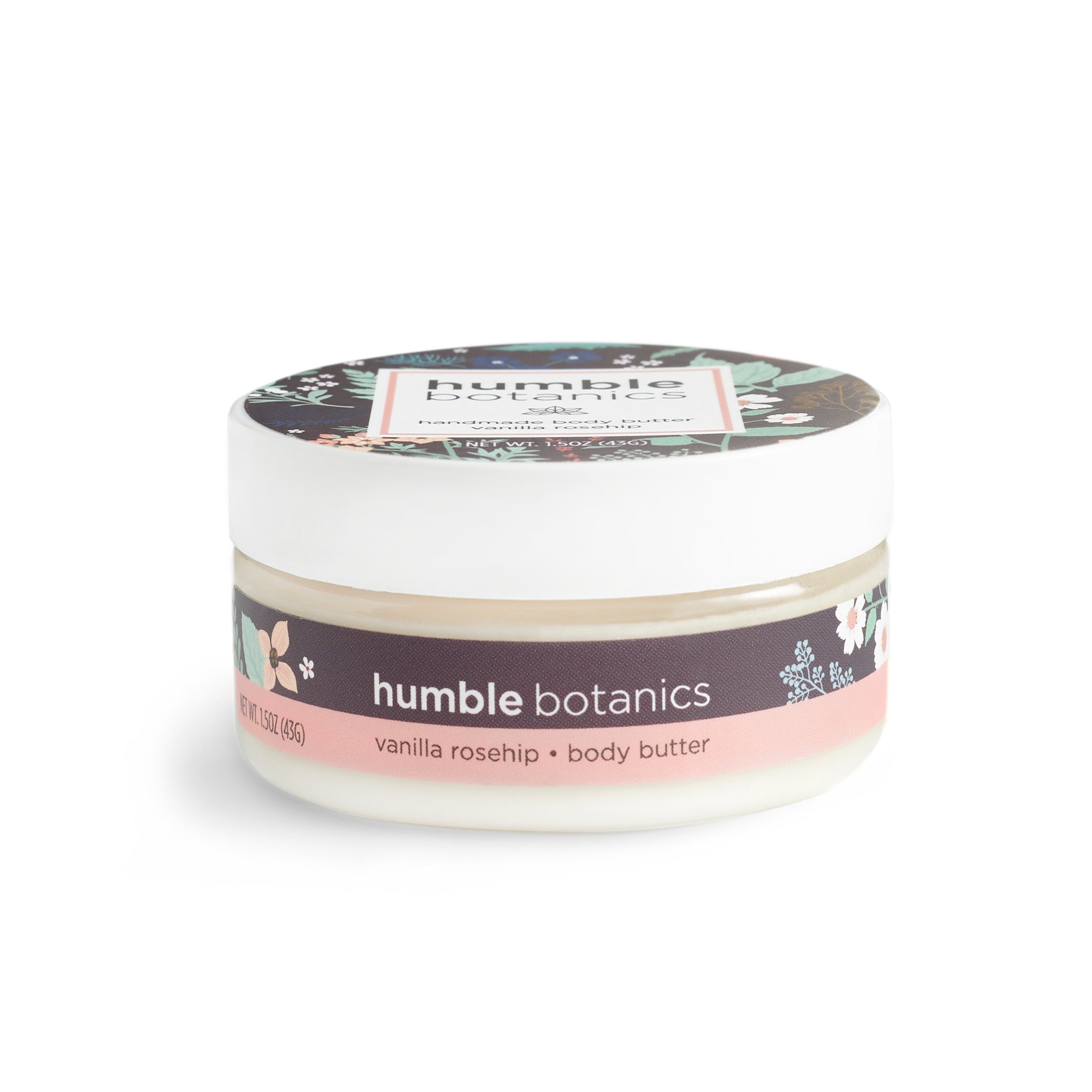Jar of 'humble botanics' vanilla rosehip body butter on a white background