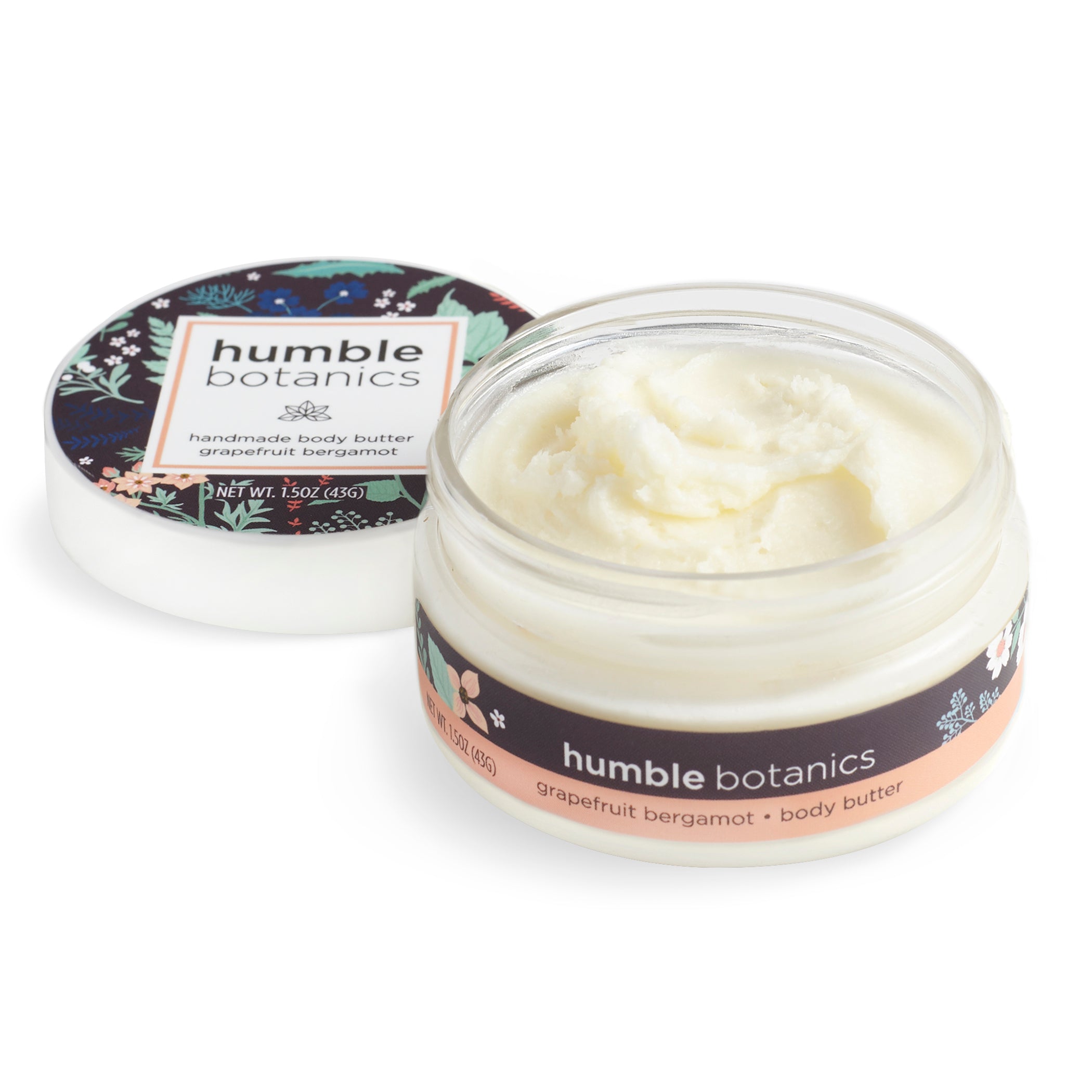 Humble Botanics body butter jar with lid on a white background