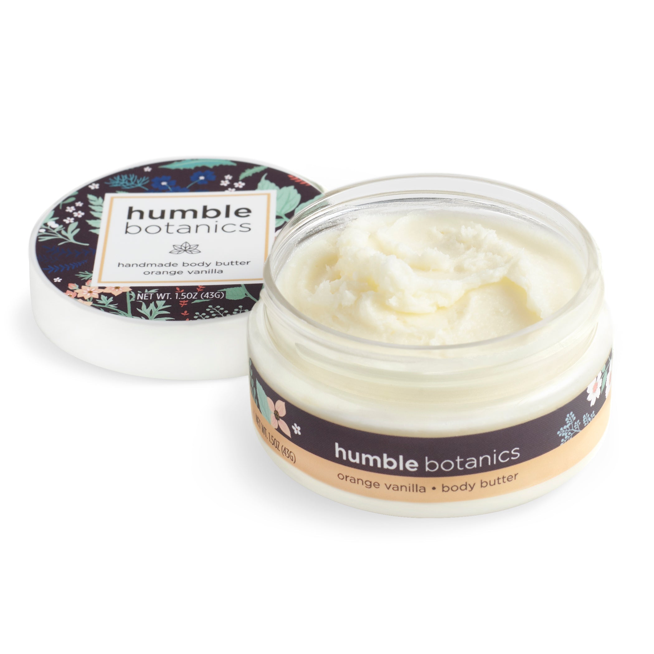Humble Botanics body butter jar with lid on a white background