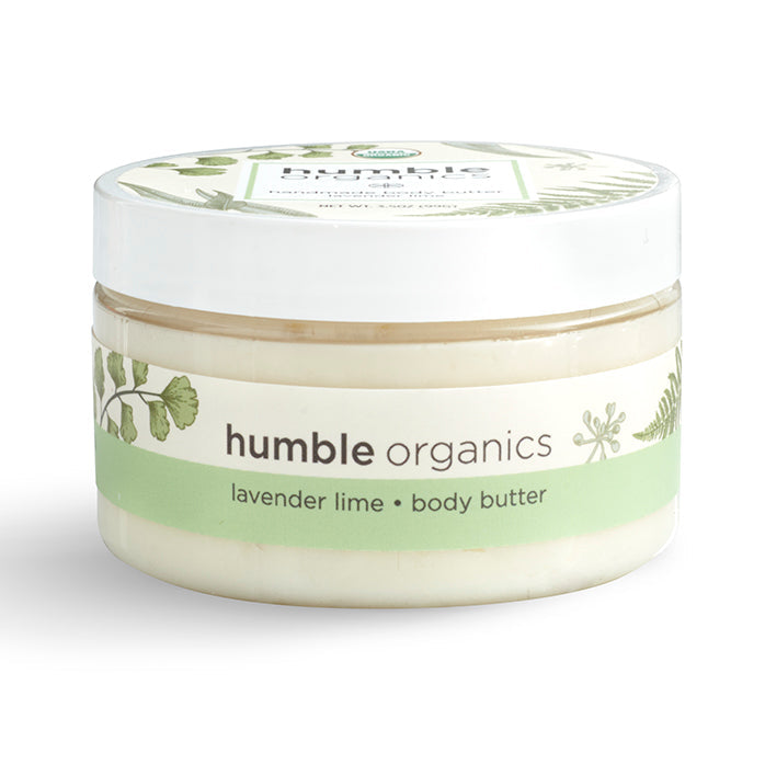 Jar of 'humble organics' lavender lime body butter on a white background
