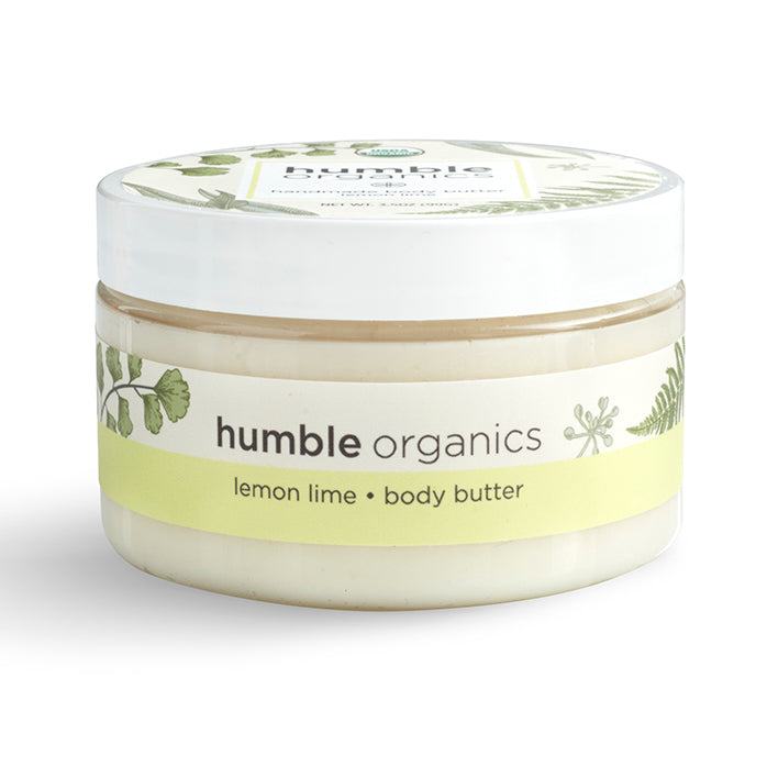 Jar of lemon lime body butter by humble organics on a white background