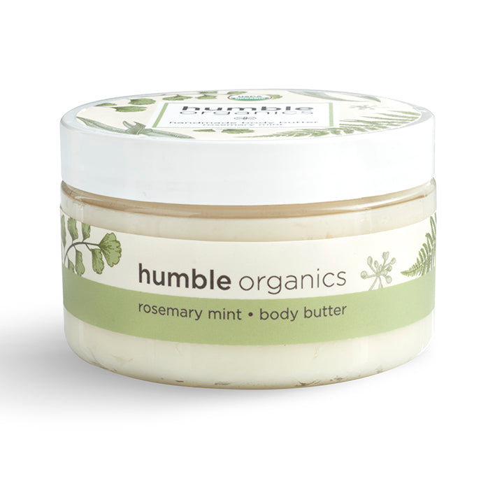 Jar of 'humble organics' rosemary mint body butter on a white background