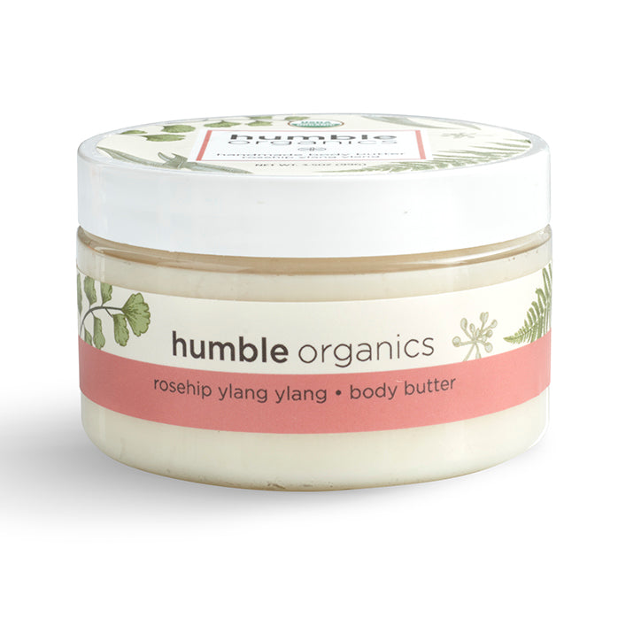 Jar of 'humble organics' body butter on a white background