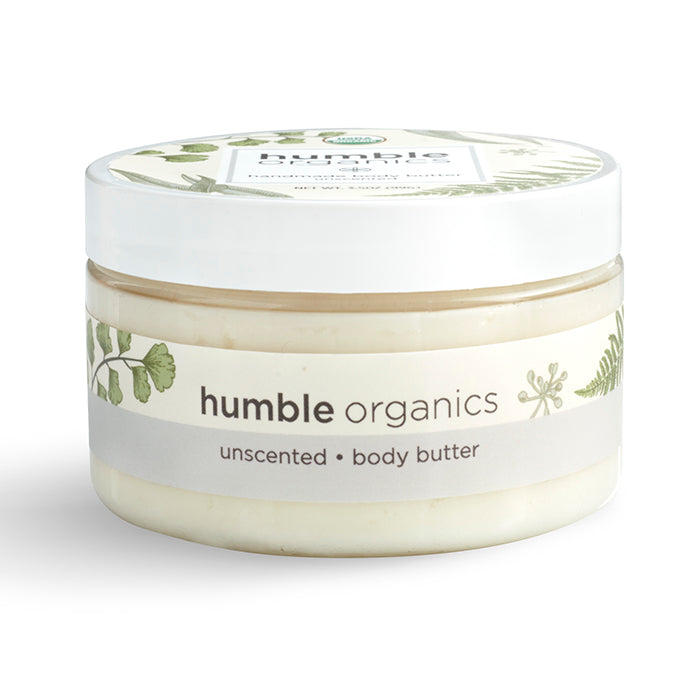 Jar of humble organics unscented body butter on a white background