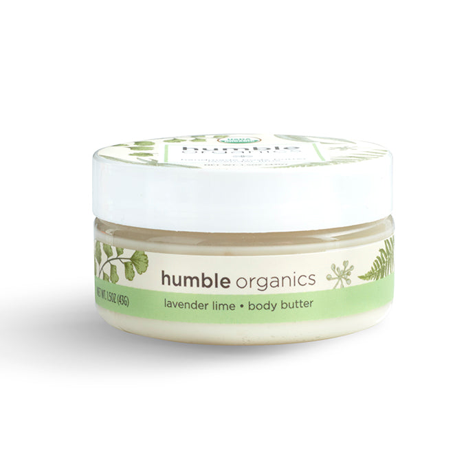 Jar of humble organics lavender lime body butter on a white background