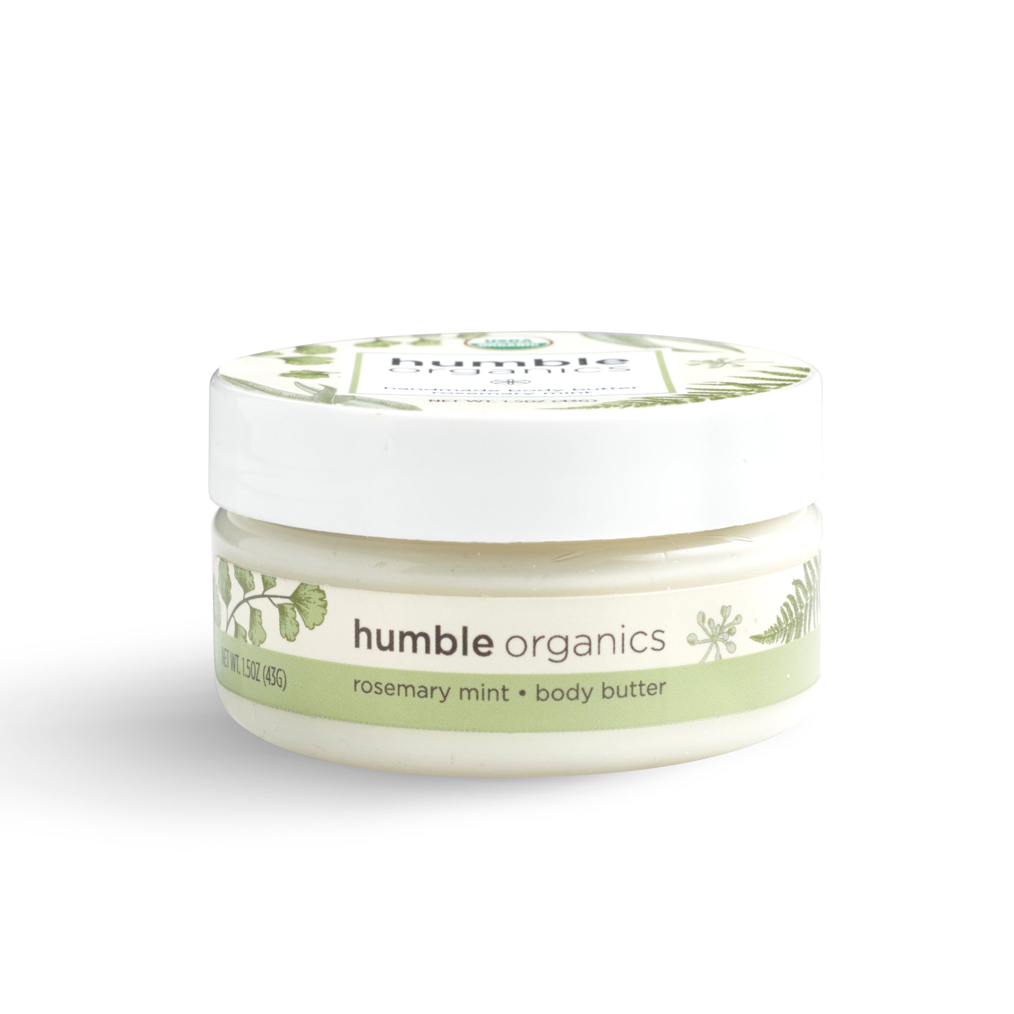 Jar of 'humble organics' rosemary mint body butter on a white background