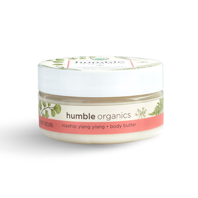 Jar of 'humble organics' body butter on a white background