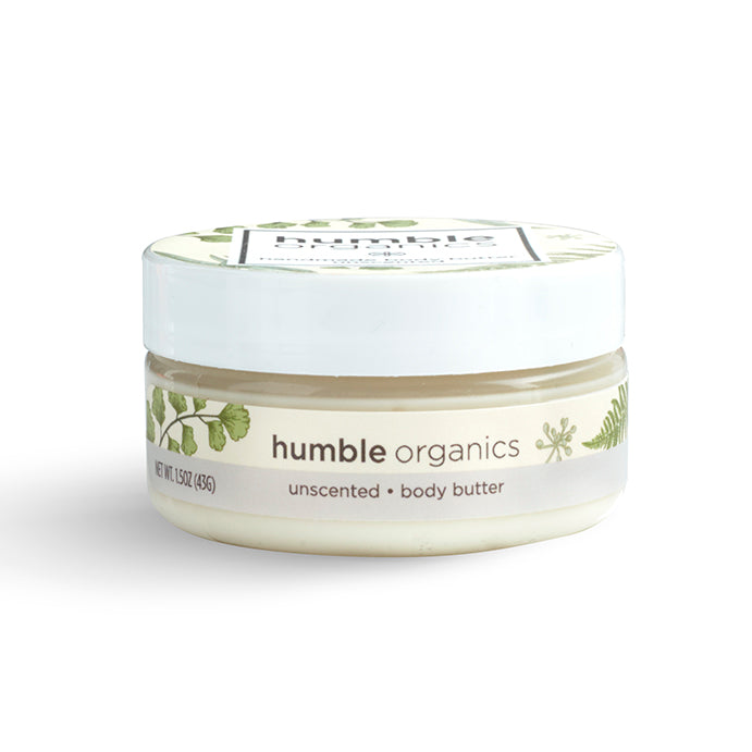 Jar of humble organics unscented body butter on a white background