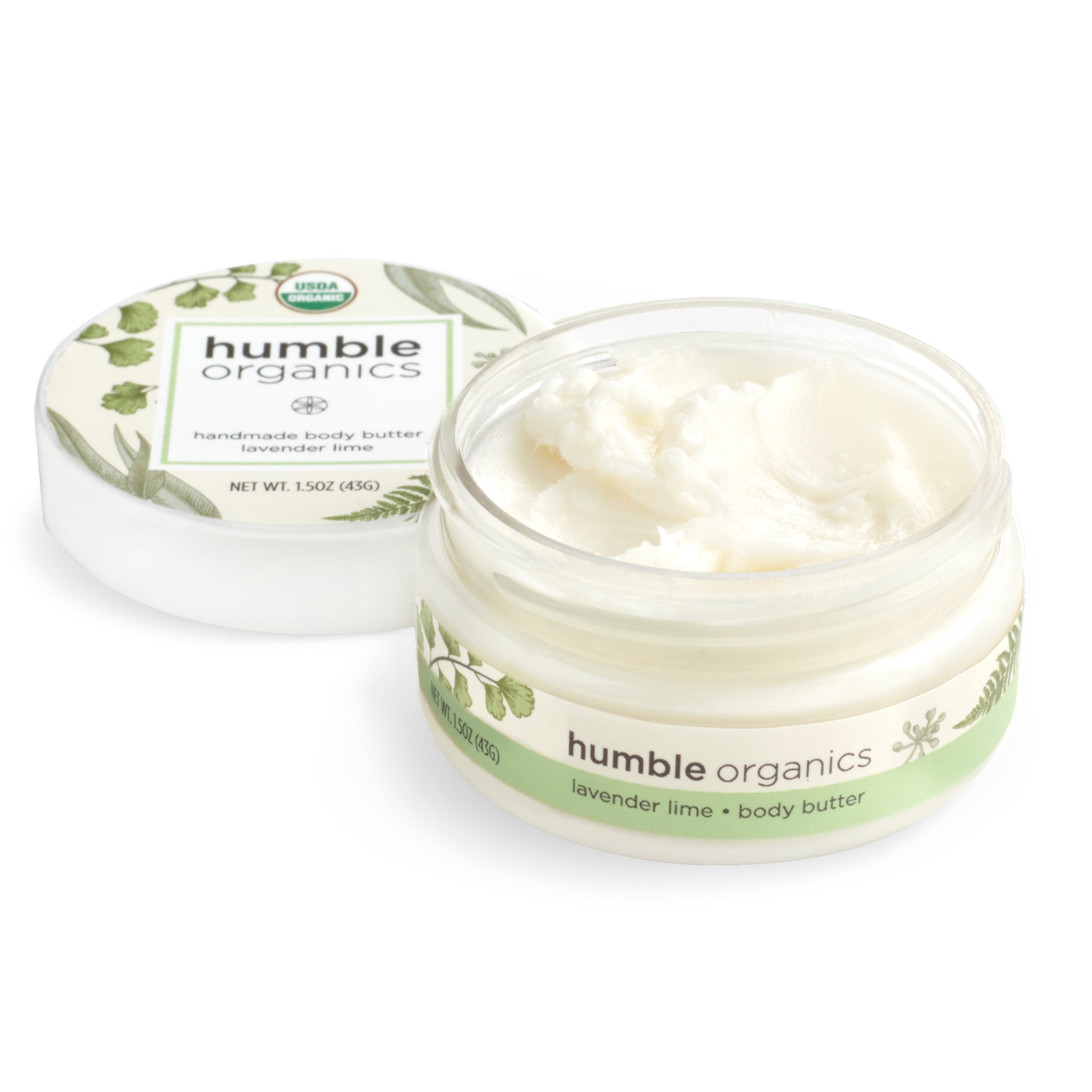 Humble Organics body butter jar with lid on a white background