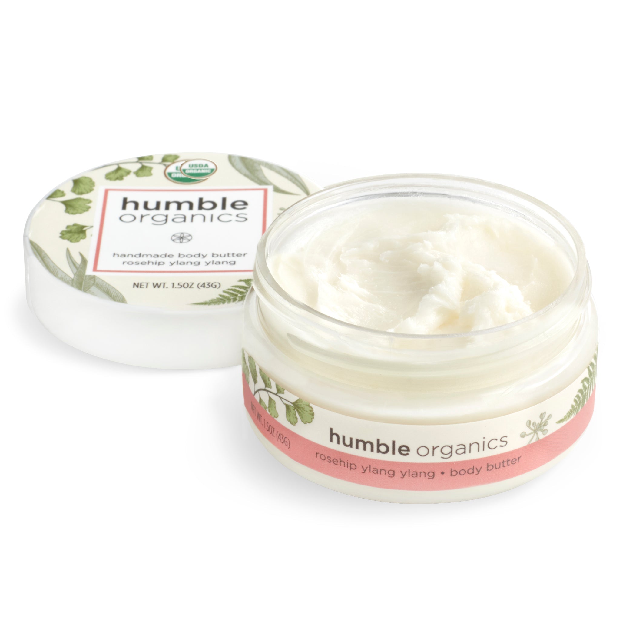Humble Organics body butter jar with lid on a white background