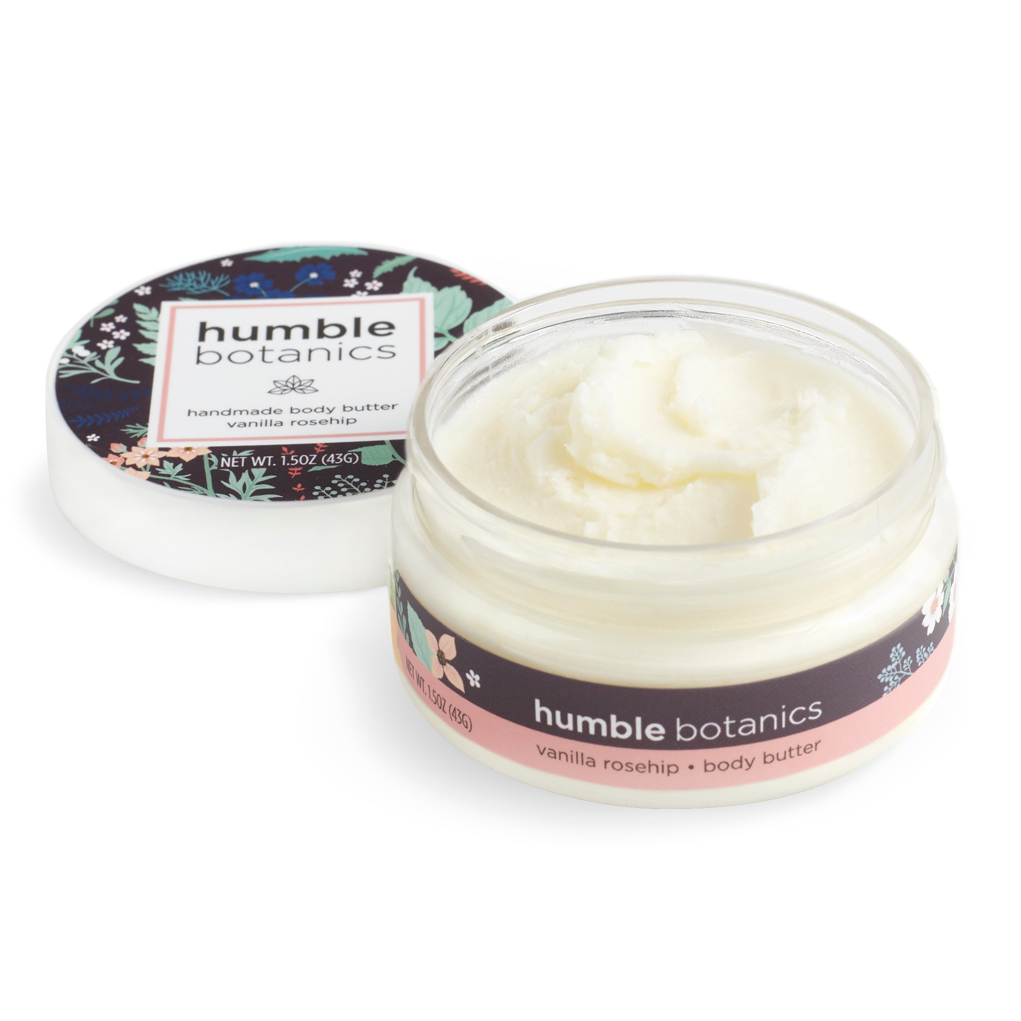 Jar of humble botanics vanilla rosehip body butter with lid on a white background